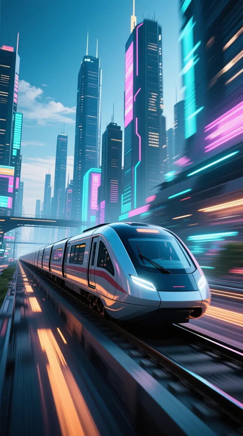 futuristic maglev train on railways in futuristic city with sky scrapers, neon lights, driving ultra fast, motion blur