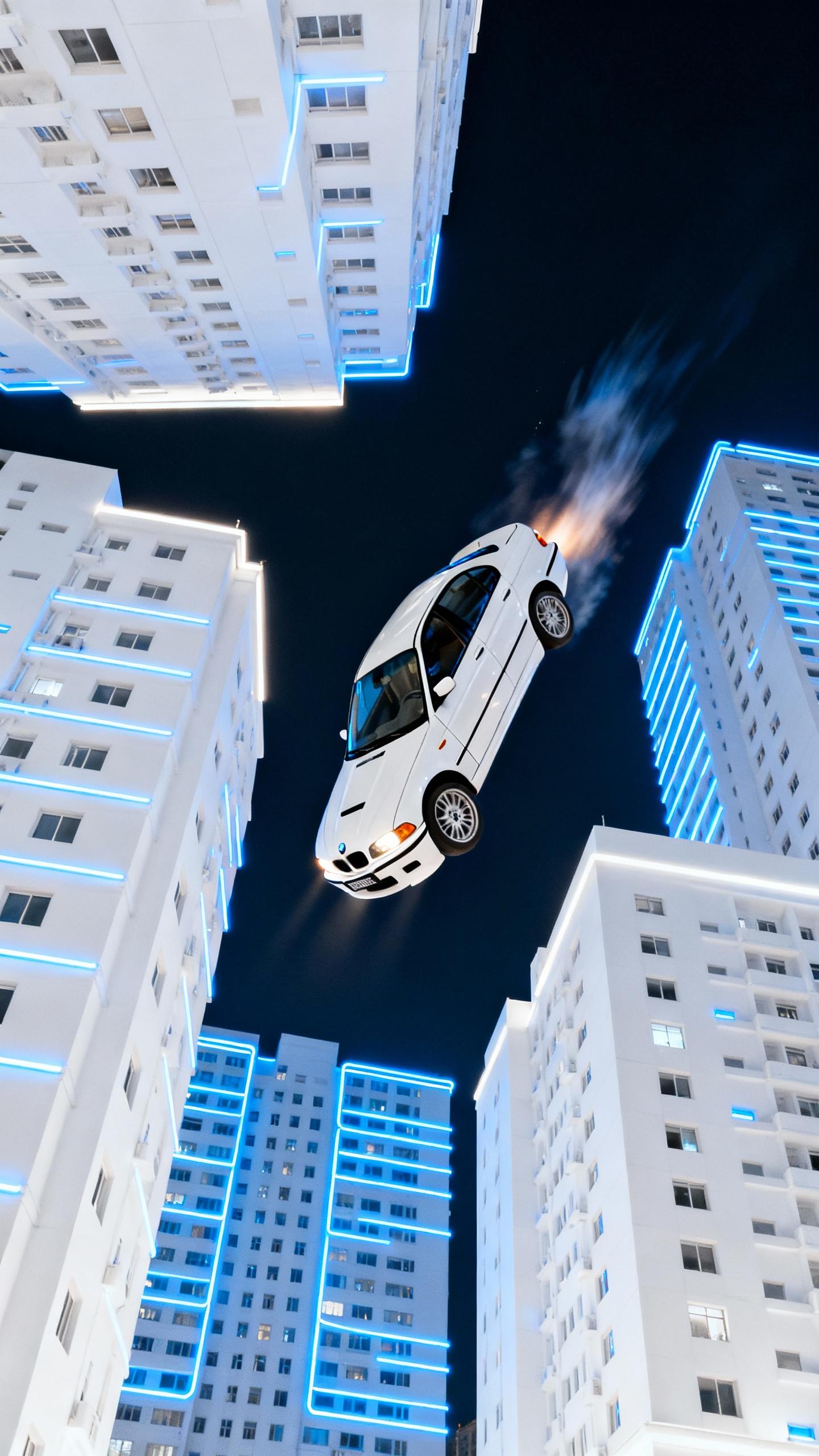 white bmw e46 falling from sky in futuristic city with white sky scrapers at night, blue neon lights