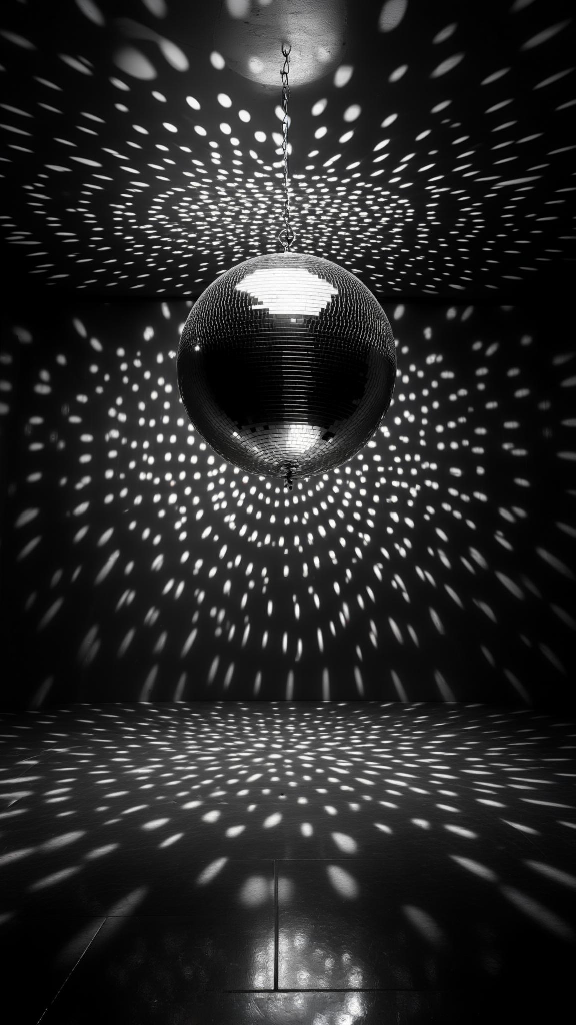 A large, glossy black disco ball with a mesmerizing light show, casting a dramatic shadow on the surrounding area.