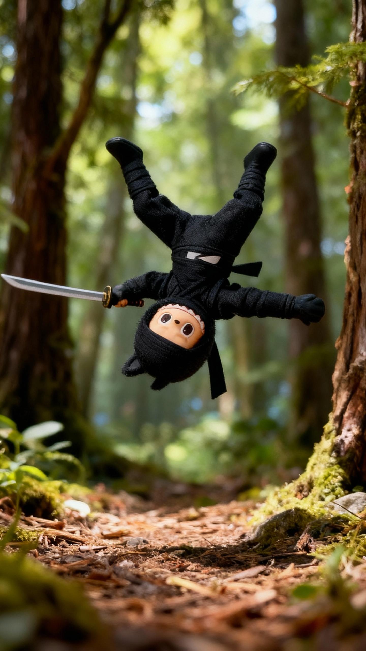 black toy ninja doing backflip in forest with sword in hand
