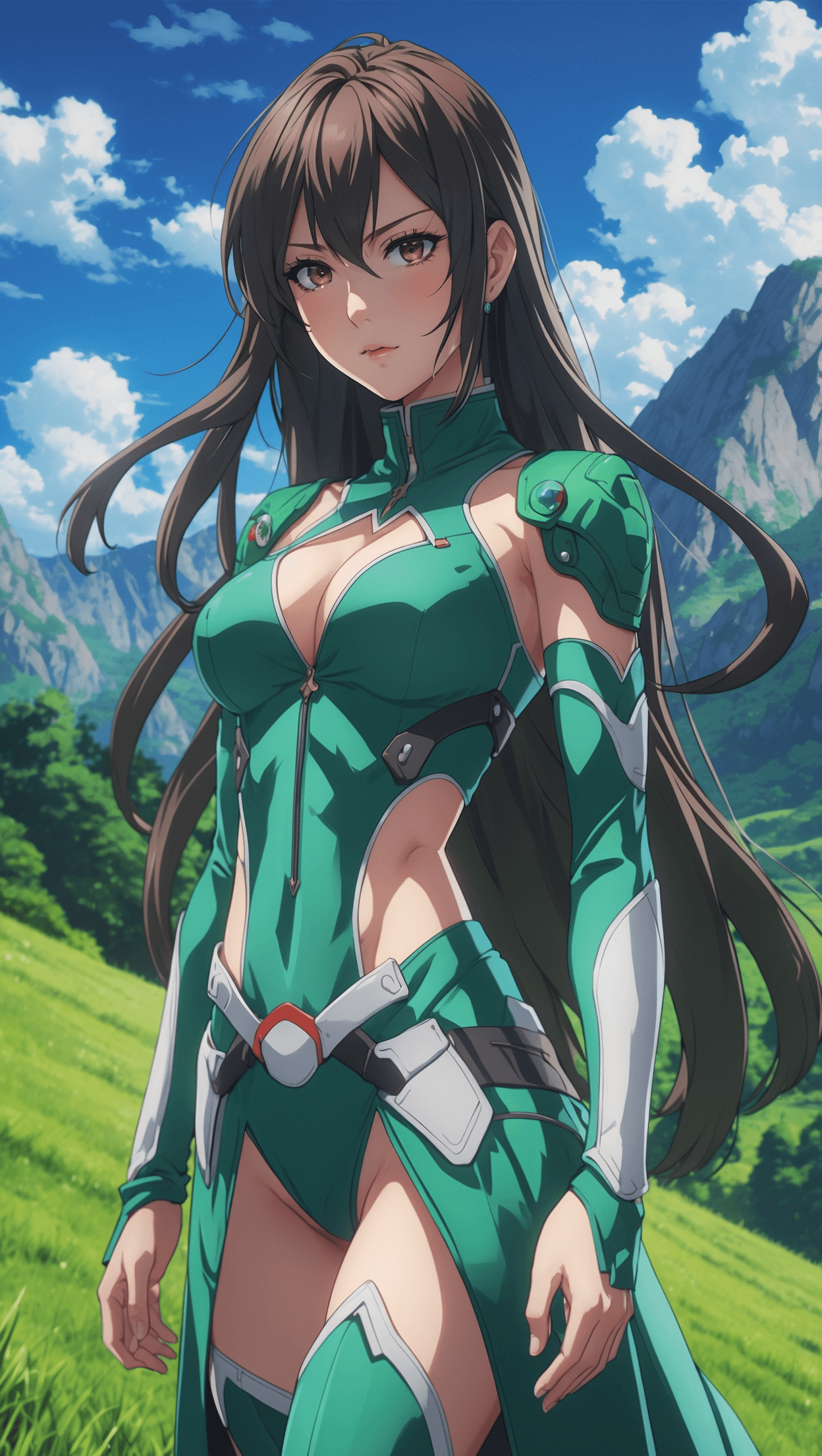 anime style, woman wearing green genshin impact cosplay, outdoors, standing on green grass with mountains in the background, vibrant colors. Full body view.