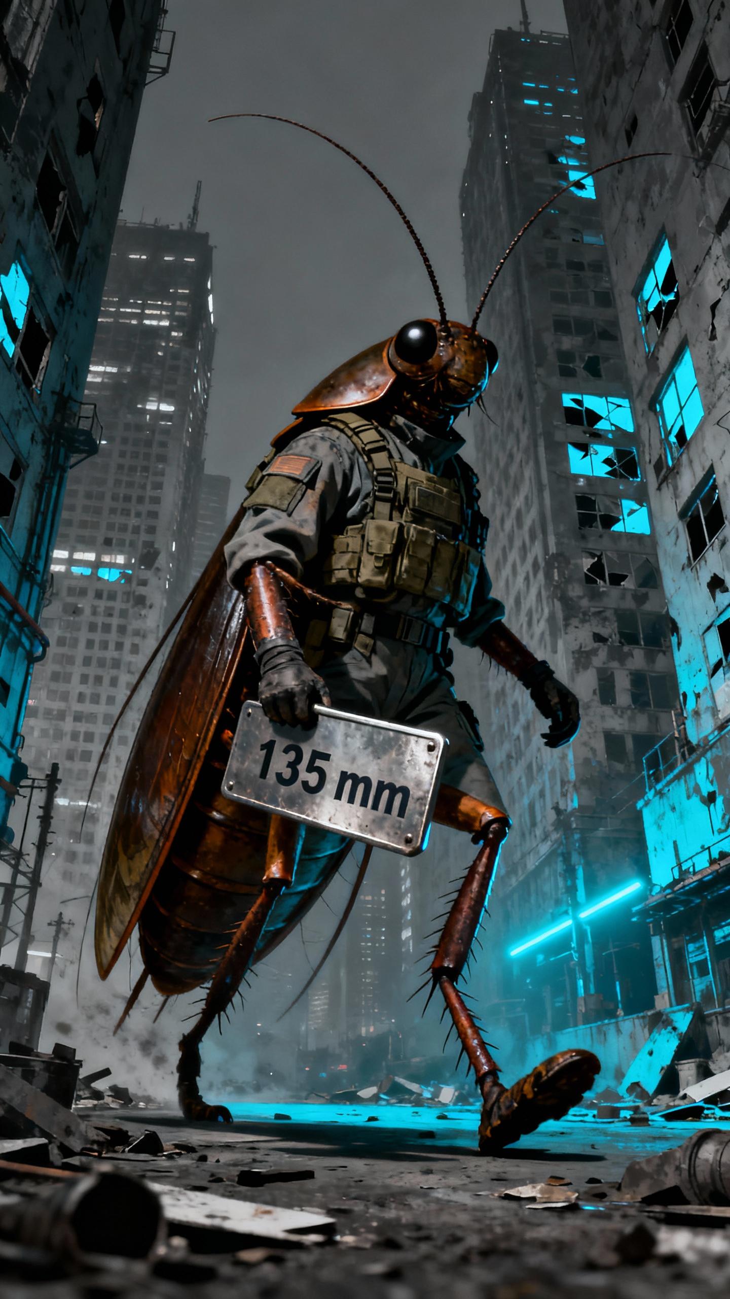colossal cockroach wearing tactical gear uniform, walking upright and holding a metal sign with text: "135 mm" in dystopian city with sky scrapers