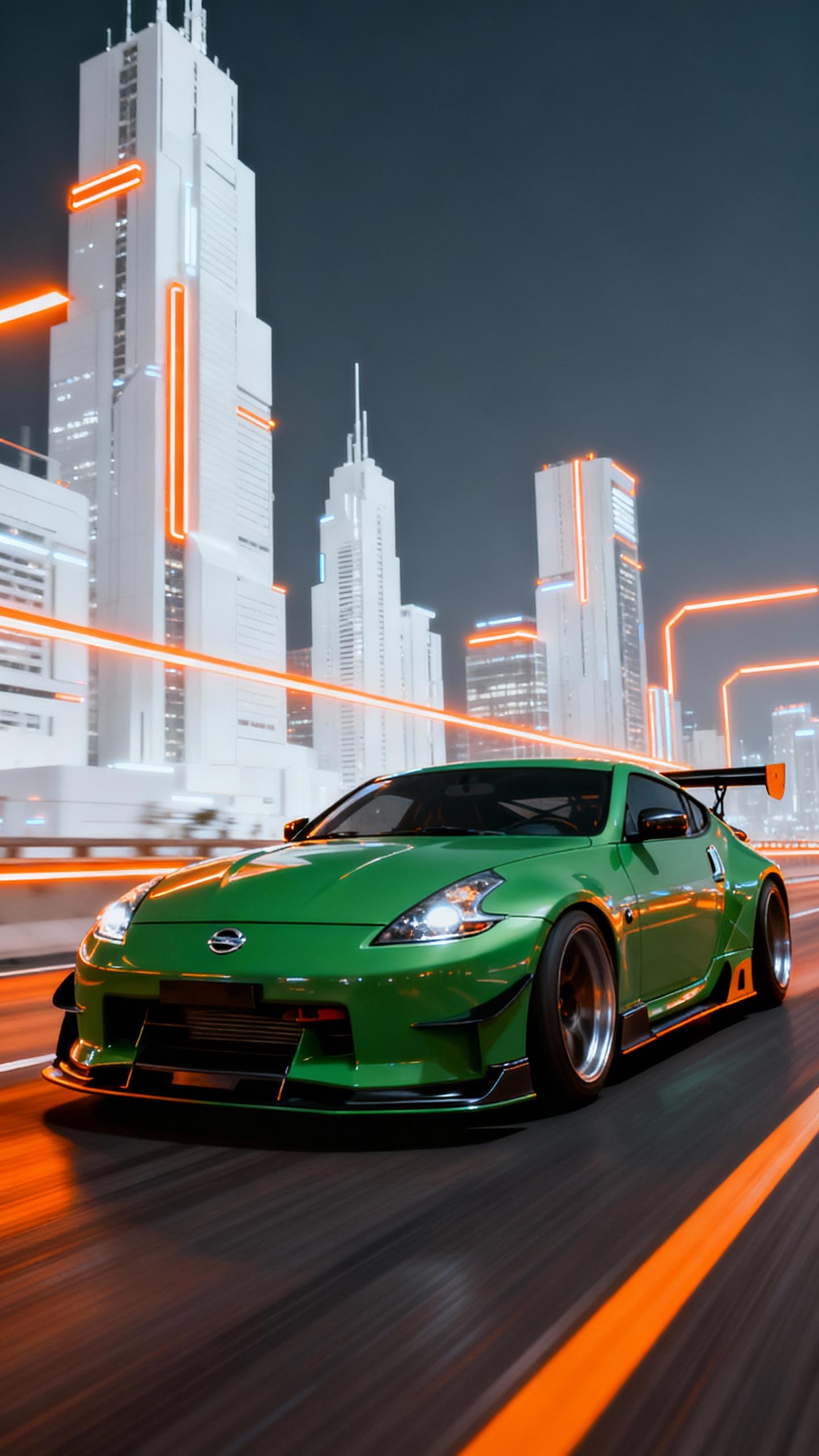 wide body kit modified green nissan 370z with spoiler driving on highway in futuristic city with white sky scrapers and orange neon lights