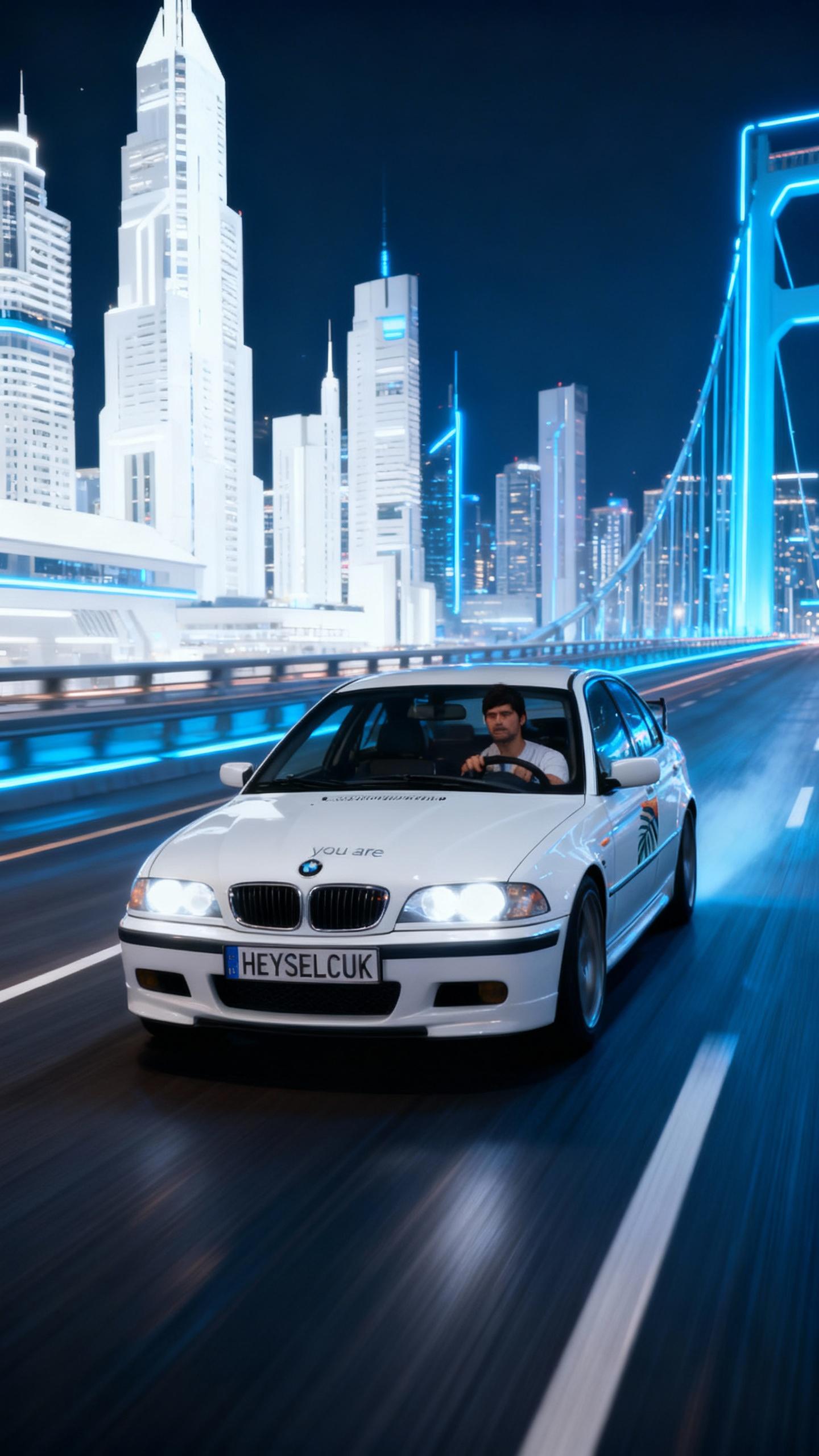 the man is driving white bmw e46 with plate number "HEYSELCUK" driving very fast on highway bridge in futuristic city in winter with white sky scrapers at night, blue neon lights, motion blur