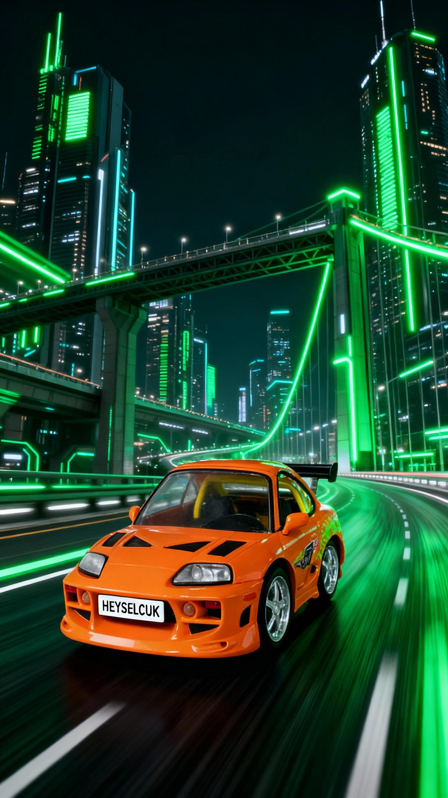 the car has white license plate named: "HEYSELCUK" on the front bumper and is driving very fast on highway of a futuristic city, bridges and sky scrapers, green neon lights, motion blur