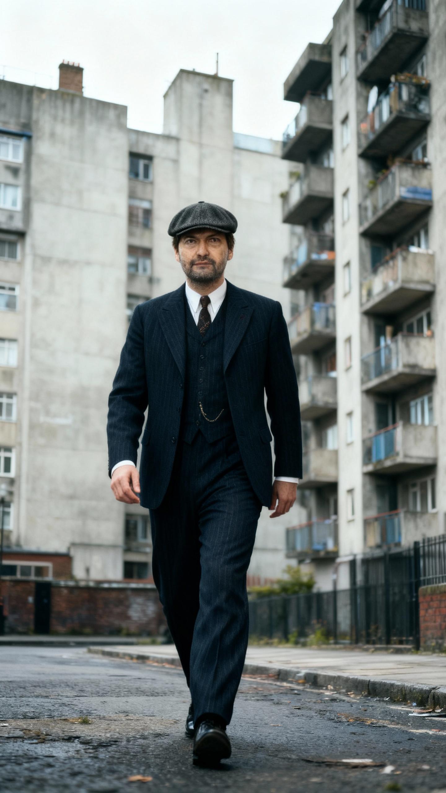 the man is wearing like thomas shelby, walking in city with concrete apartments, cinematic color grade