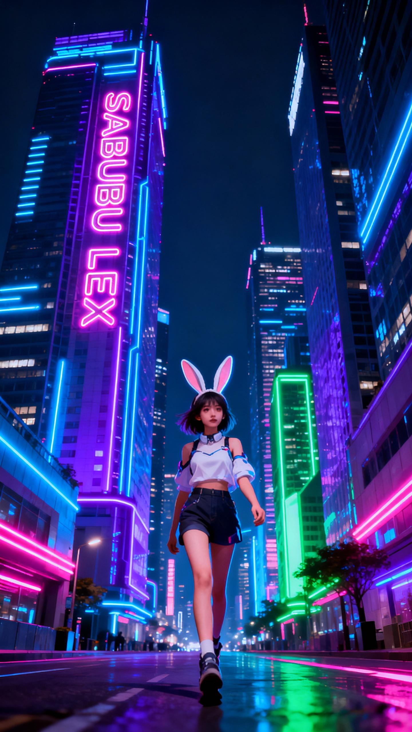sabubu lex named woman with rabbit ears and bautiful young face, walking in futuristic city, sky scrapers at night, blue, purple, pink and green neon lights. neon text on sky scraper: SABUBU LEX