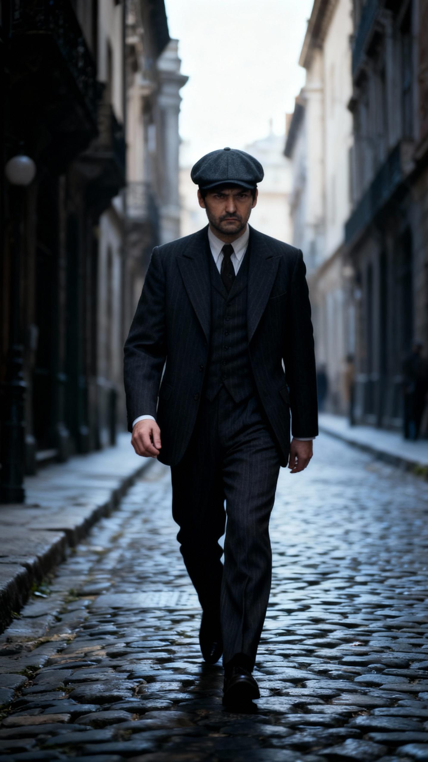 the man is wearing like thomas shelby, walking in historic city with serious look, cinematic dark color grading