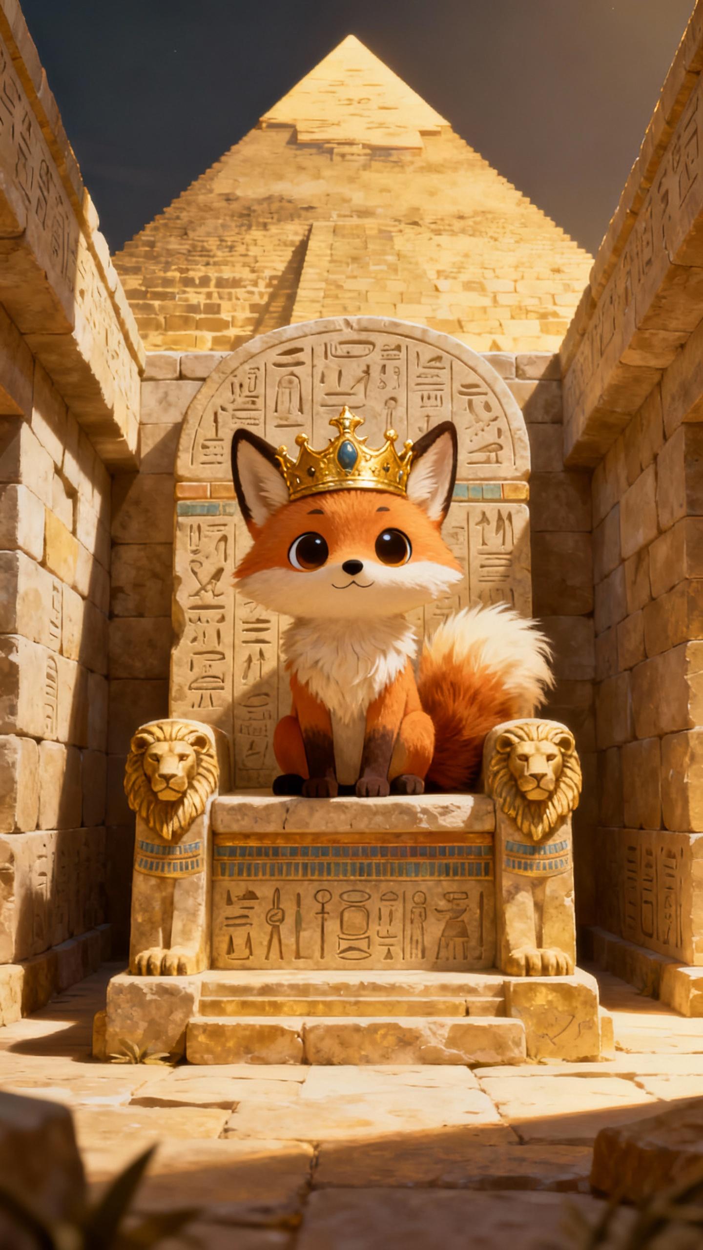 sweetie fox with golden crown sitting on throne inside ancient egypt pyramid hallway