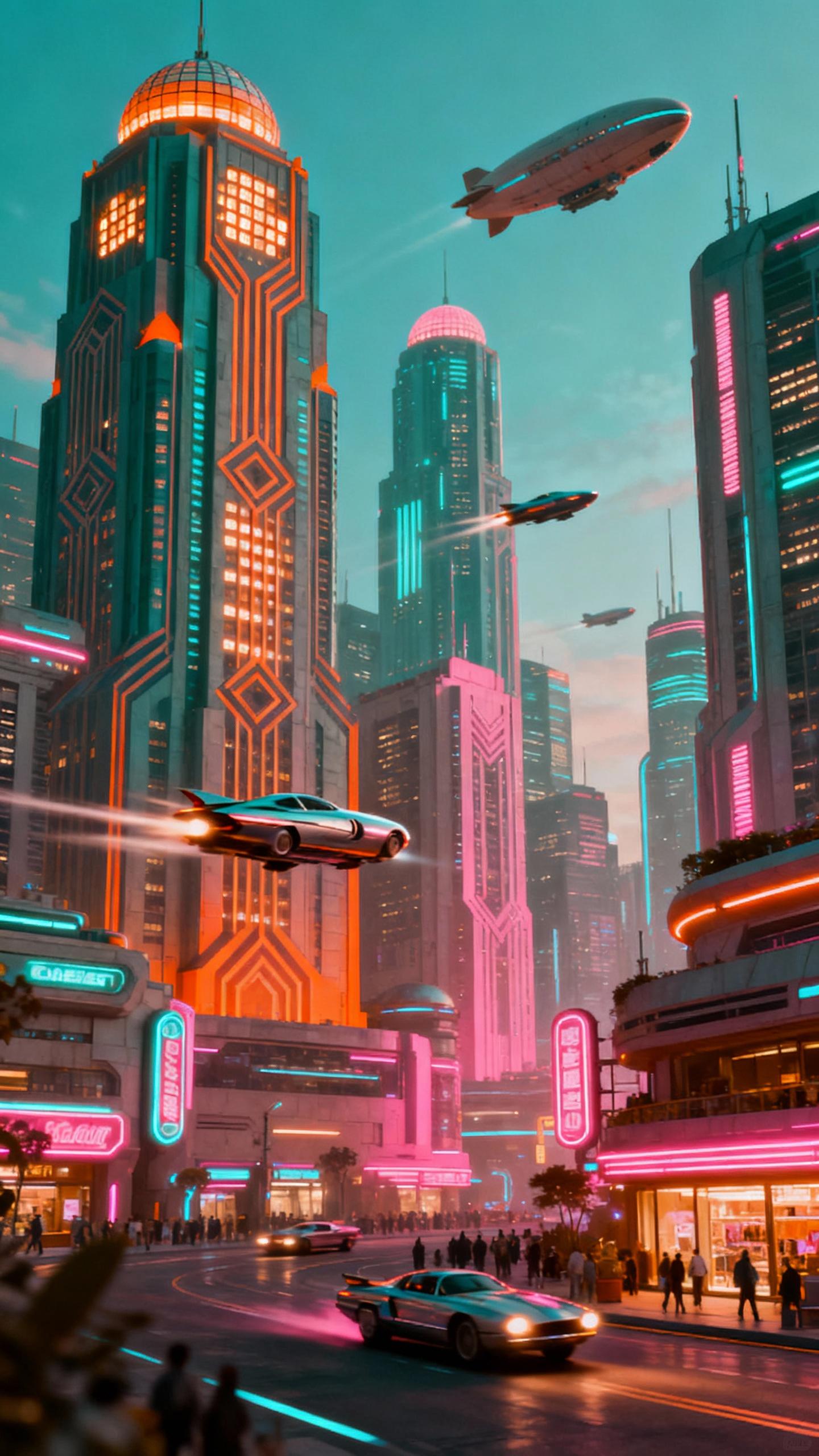 retro futuristic city, sky scrapers