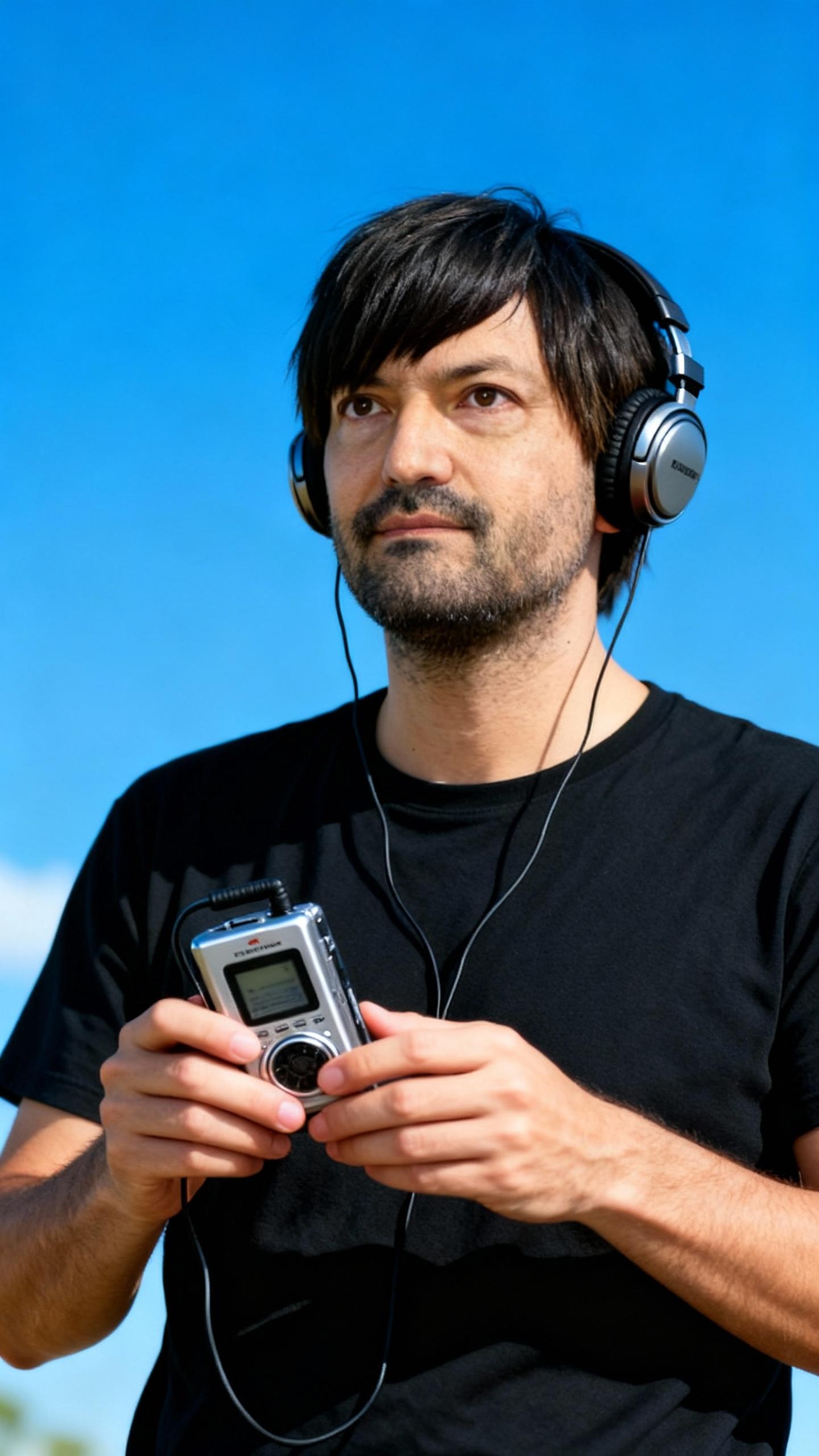 make the man listening to music with walkman in hand, in same position like the monkey, blue sky