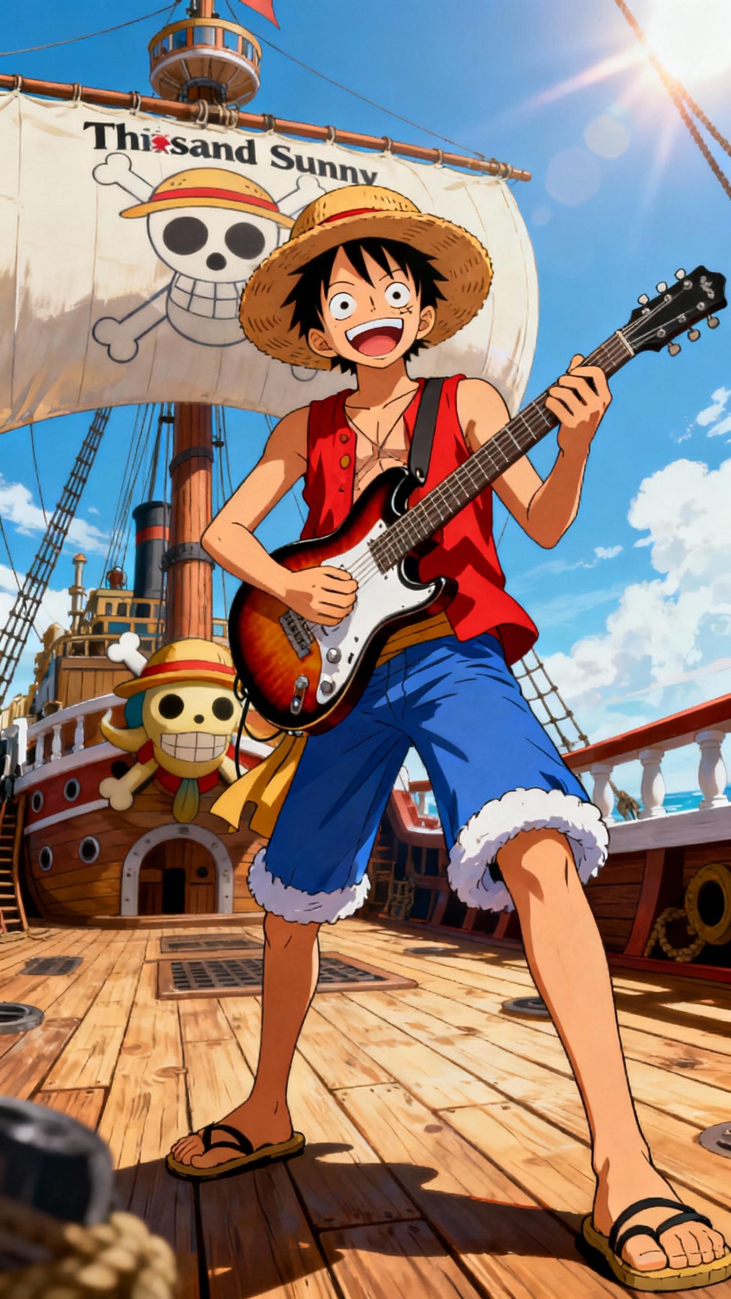 monkey d luffy holding electric guitar on his pirate ship