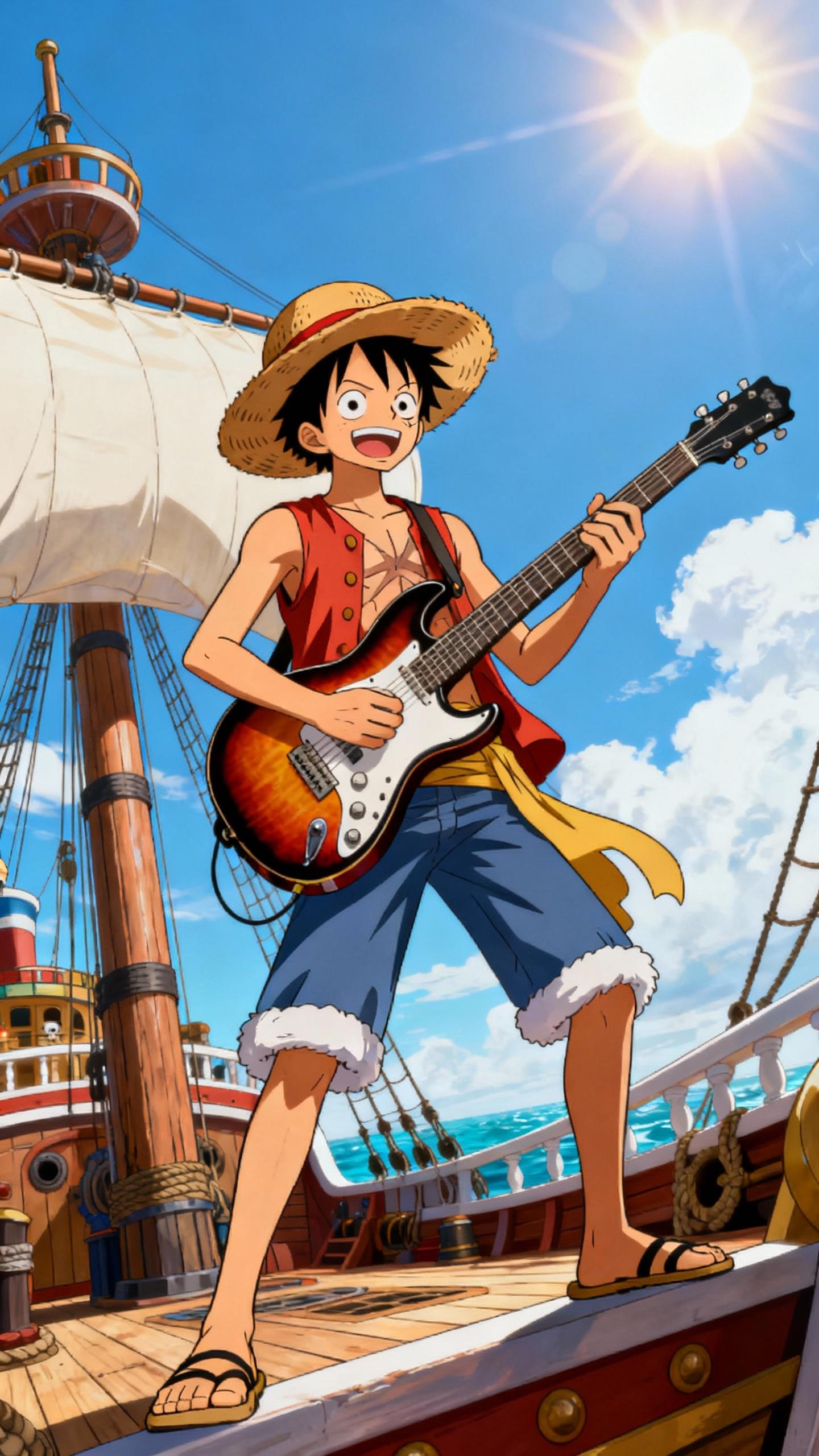 monkey d luffy holding electric guitar on his pirate ship