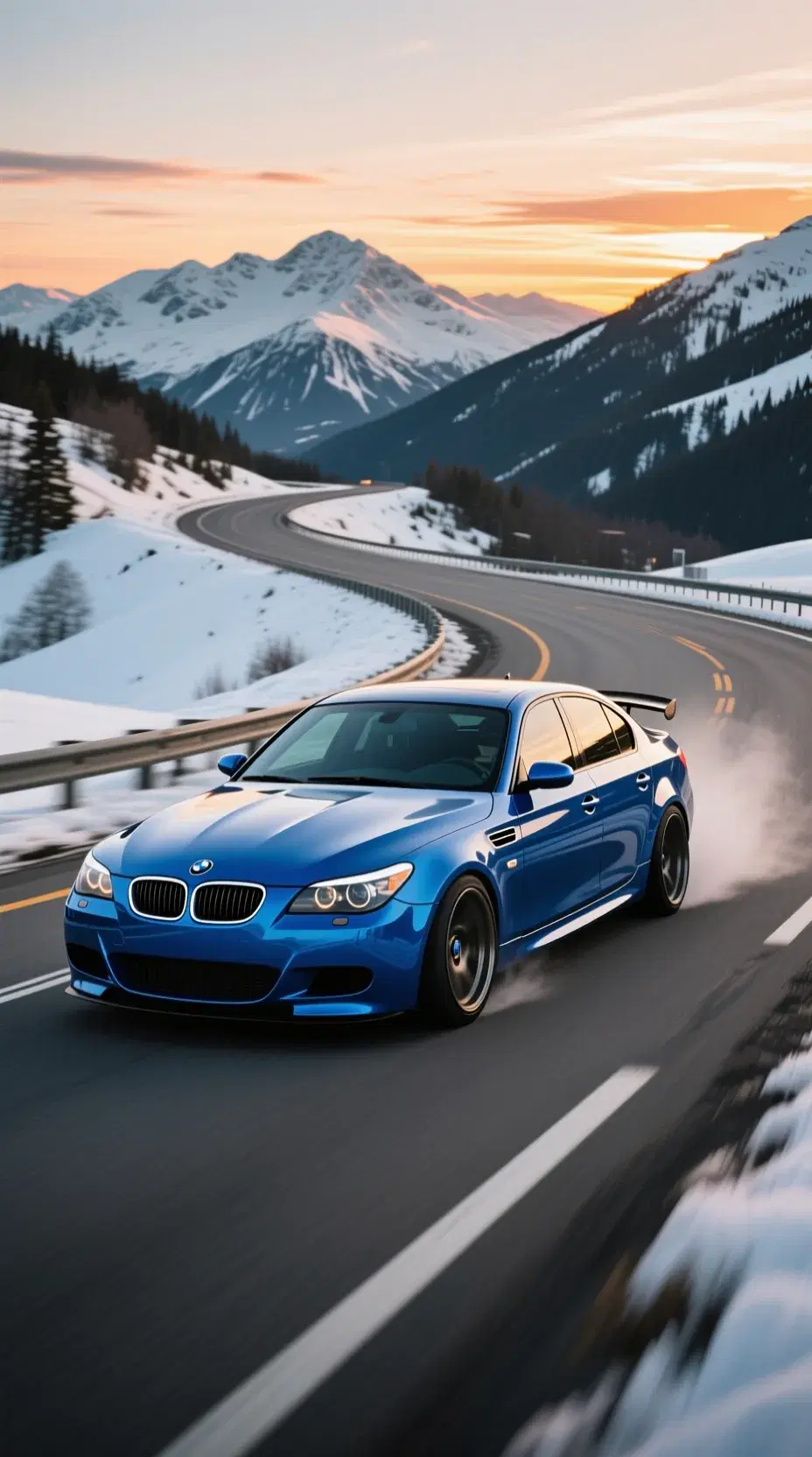 blue metallic bmw m5 e60 drifting on a curvy highway, snowy mountains, sunset