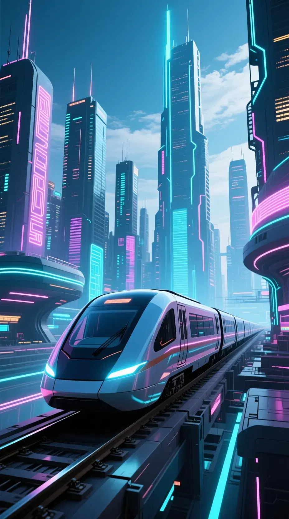 futuristic maglev train on futuristic railways in futuristic city with futuristic sky scrapers, futuristic neon lights