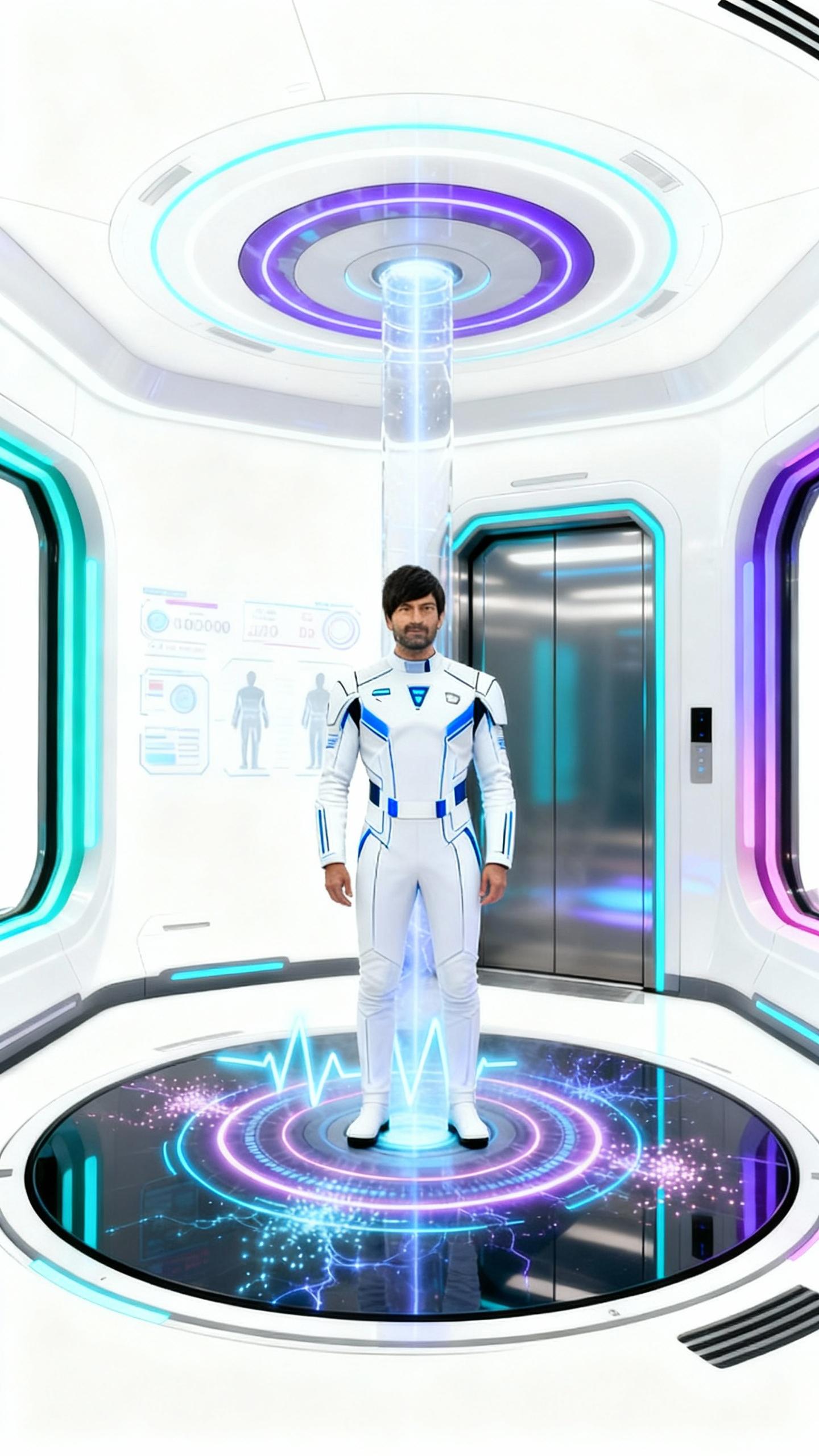 The man stands confidently in the center of a futuristic teleportation chamber, his white and blue suit gleaming with a futuristic design. The suit is detailed with blue accents and a central emblem, suggesting a high-tech origin. The background is a stark white, highlighting the subject and the suit's intricate details.