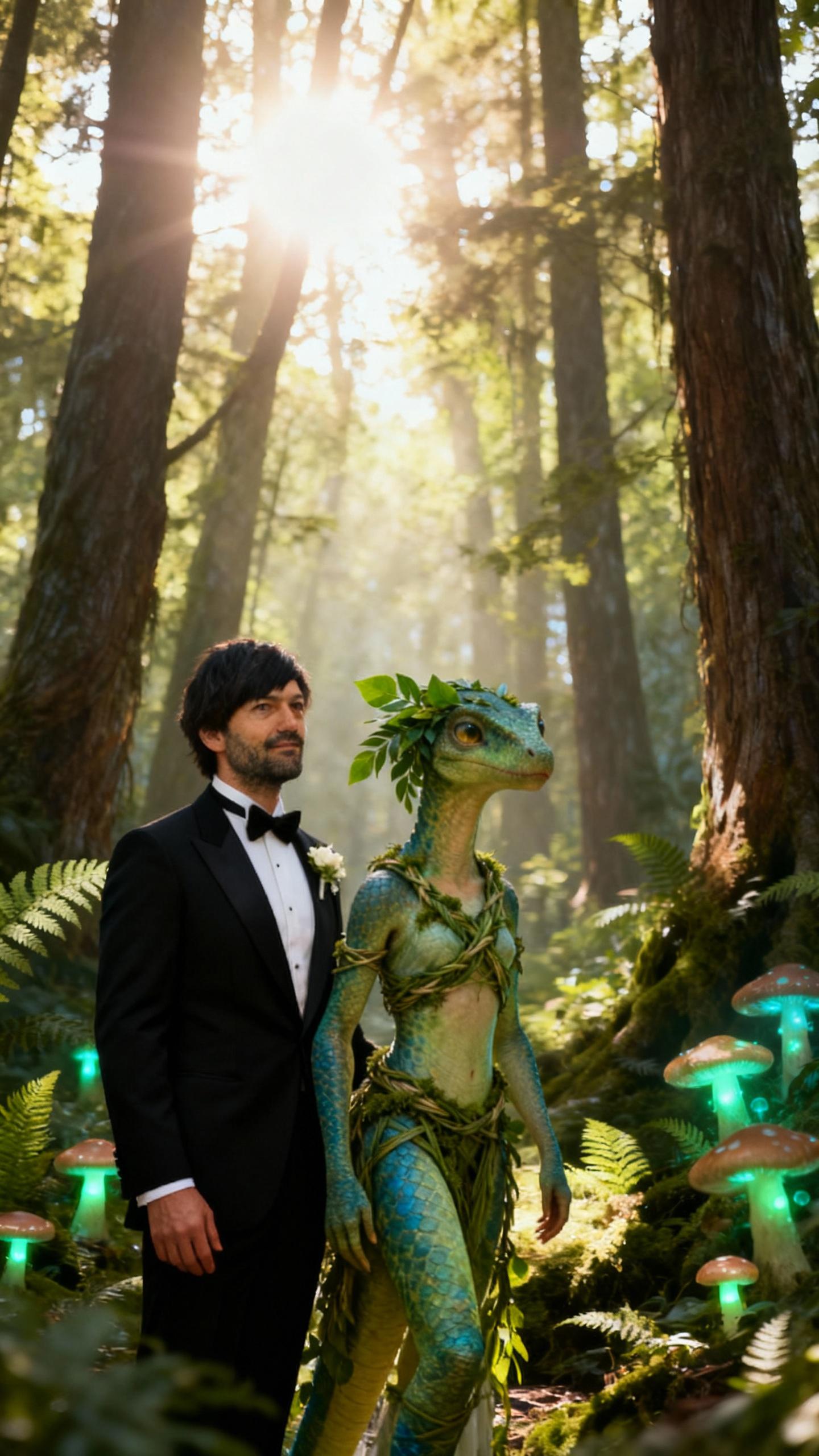 female yibanazavr and man wedding in forest, man wearing black tuxedo