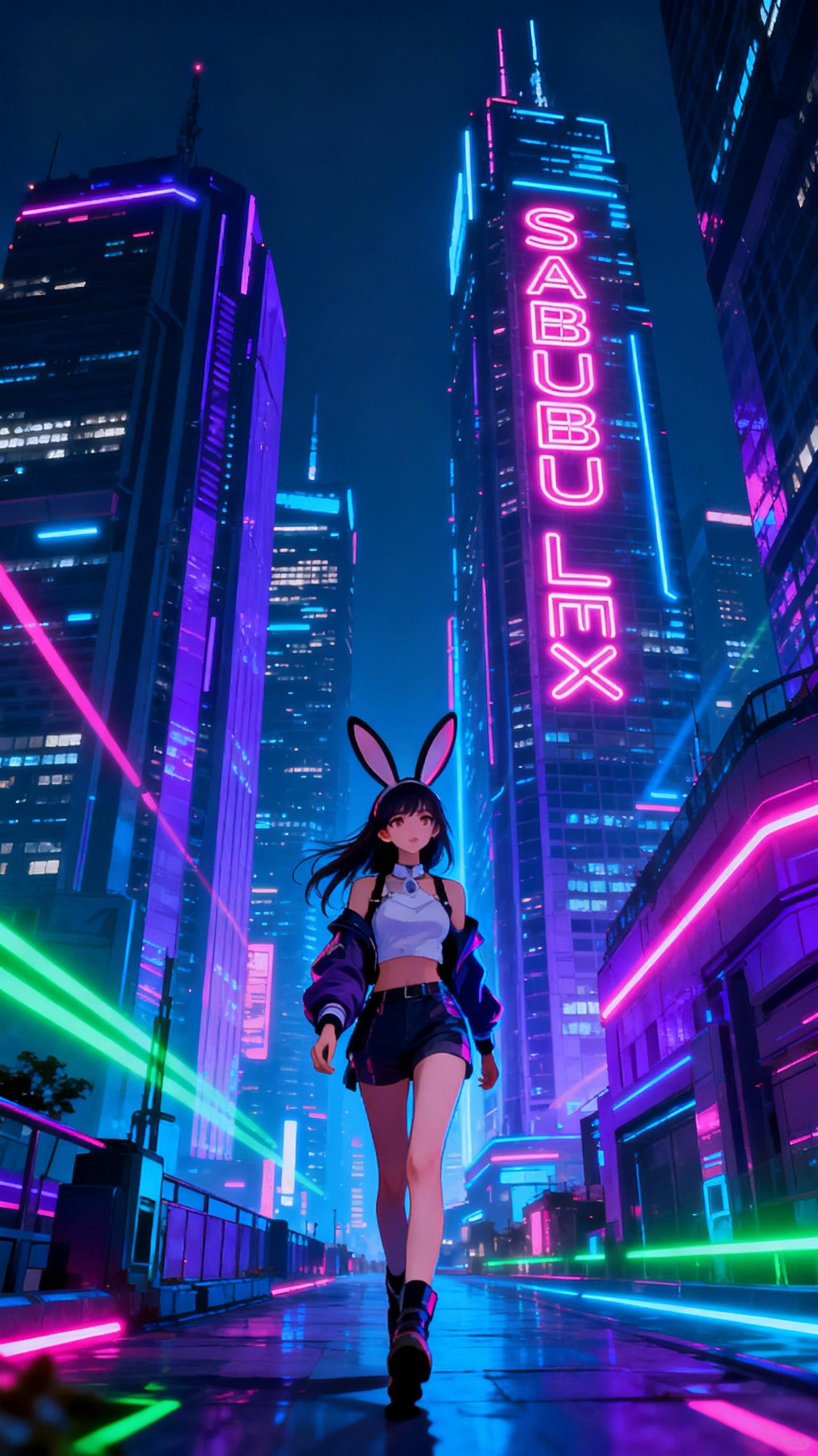 sabubu lex named woman with rabbit ears and bautiful young face, walking in futuristic city, sky scrapers at night, blue, purple, pink and green neon lights. neon text on sky scraper: SABUBU LEX