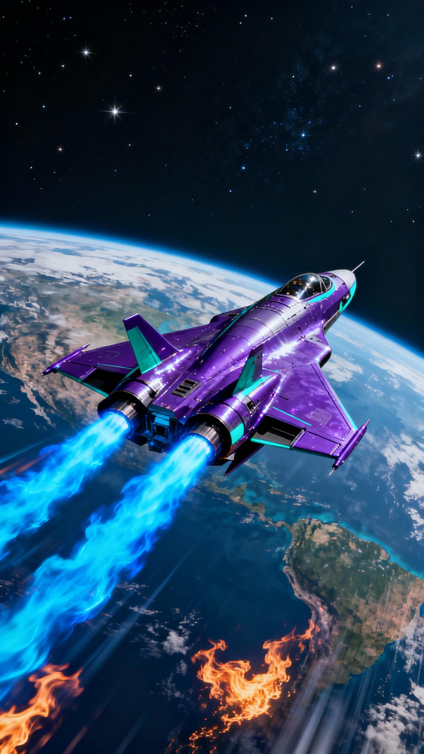 A sleek, purple and turquoise, aerodynamic spacecraft, gliding at light speed, its surface shimmering with a glossy finish, the camera capturing the vibrant blue afterburner flames, as it soars towards the planet Earth.