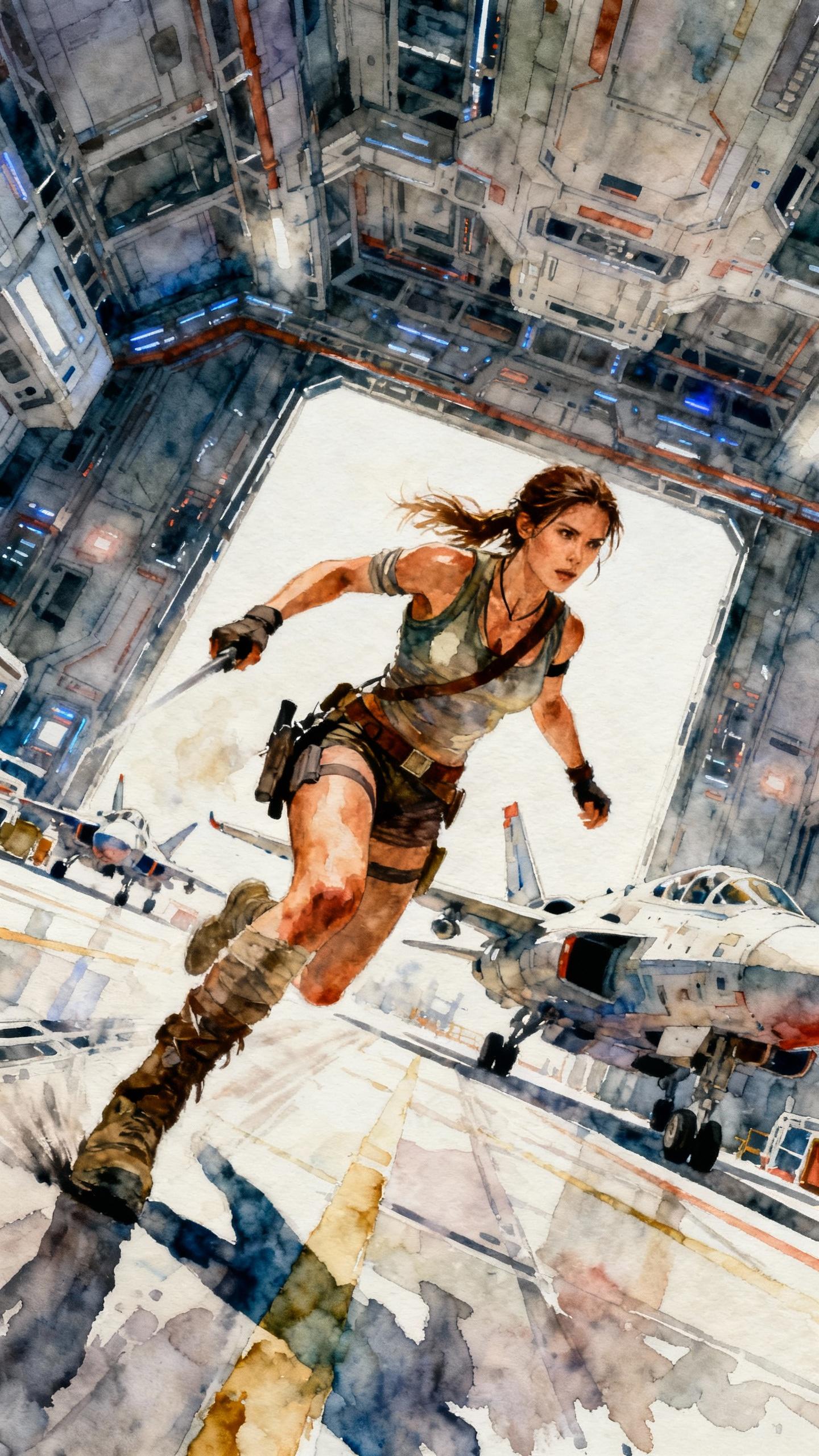 Lara Croft, the renowned archaeologist and expert, is seen in a moment of adrenaline-fueled action within the high-tech space ship hangar. The scene is captured with a cinematic camera, providing a dynamic perspective and a sense of movement. The image is rendered in a watercolor artistic style, with a focus on capturing the textures and materials of the scene, and is captured with a high-quality lens, providing a sharp focus and a high level of detail.