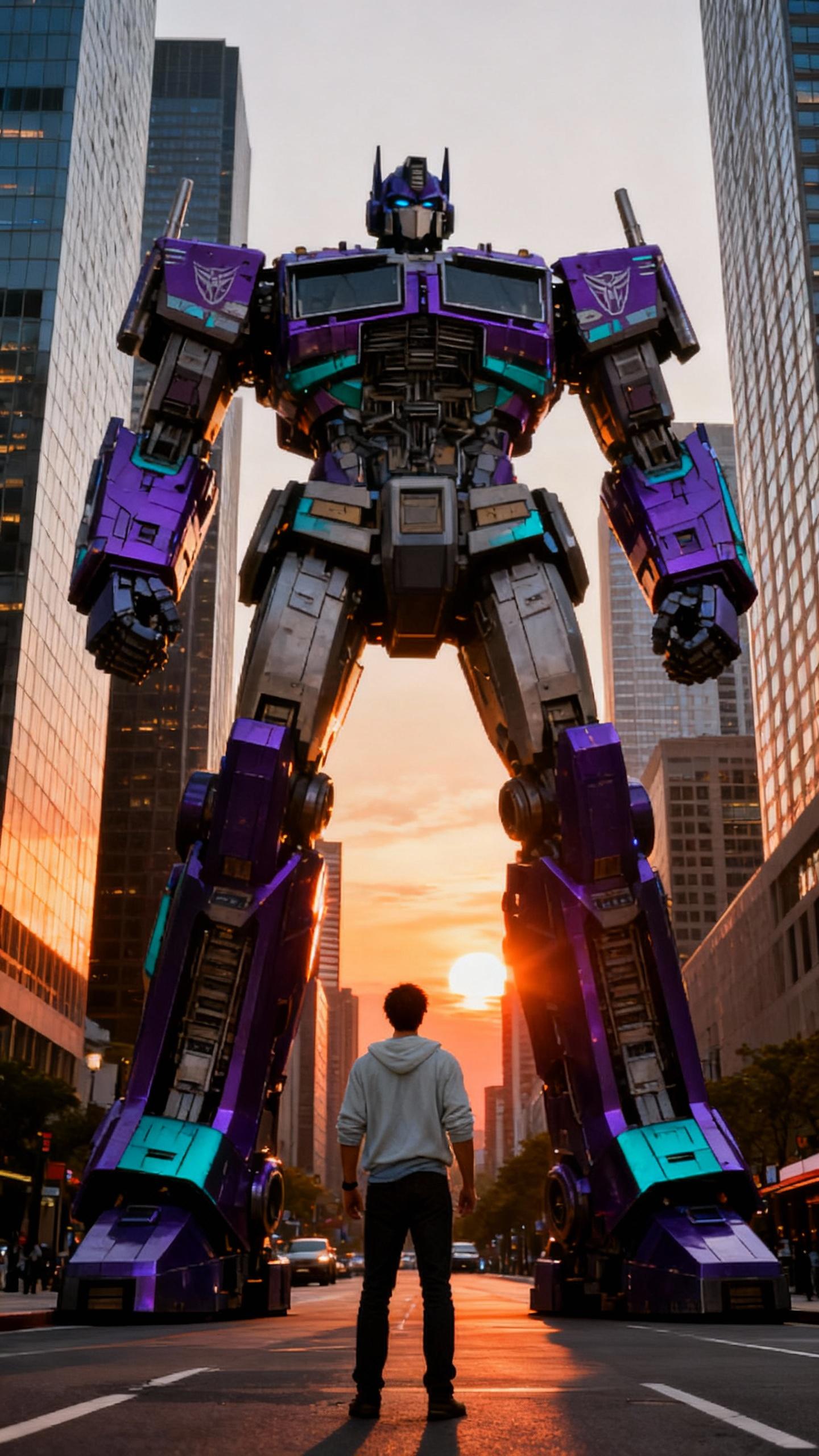 the man is wearing colossal transformers robot mech with the same colors of the purple and turquoise space ship, standing tall on a street in city at sunset, sky scrapers