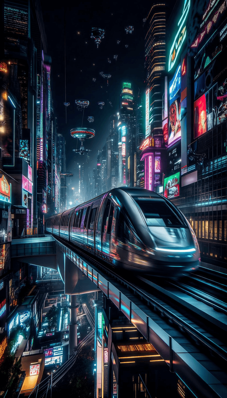 futuristic maglev train on railways in futuristic city with sky scrapers, neon lights, driving ultra fast, motion blur