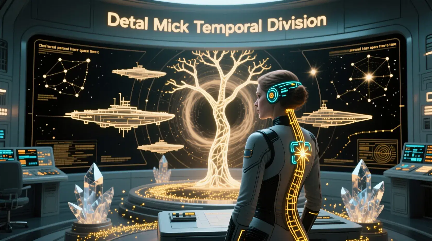masterpiece, best quality, photorealistic, 8k, ultra-detailed, ethereal lighting,
The temporal navigation laboratory of Detal Mick where past and future space-time is mapped,
Chief Navigator Elyra Vance stands before a swirling temporal rift display, her starburst eyes reflecting multiple timelines simultaneously,
Holographic projections show the ship's possible futures branching like a luminous tree, each branch representing different navigational choices,
Chrono-synchronization chamber with crystalline structures that hum at frequencies beyond normal hearing, vibrating in multiple temporal states,
Temporal cartographers wearing phase-shifting suits that blur at the edges, appearing partially out-of-sync with current timeline,
Wall displays showing star maps from different eras - past constellations as they were, future stellar drift predictions,
Elyra's neural interface ports glow intensely as she processes temporal data, fiber-optic braids pulsing with information,
The air shimmers with chroniton particles visible as golden motes of light, equipment readings fluctuating in non-linear patterns,
"Detal Mick Temporal Division" inscribed above the main temporal scanner in phase-shifting letters that appear and disappear.
