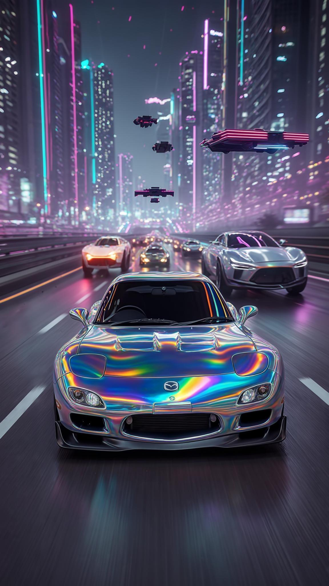 high reflective rainbow hologram iridescent chrome Mazda Rx-7 driving fast on highway in futuristic city