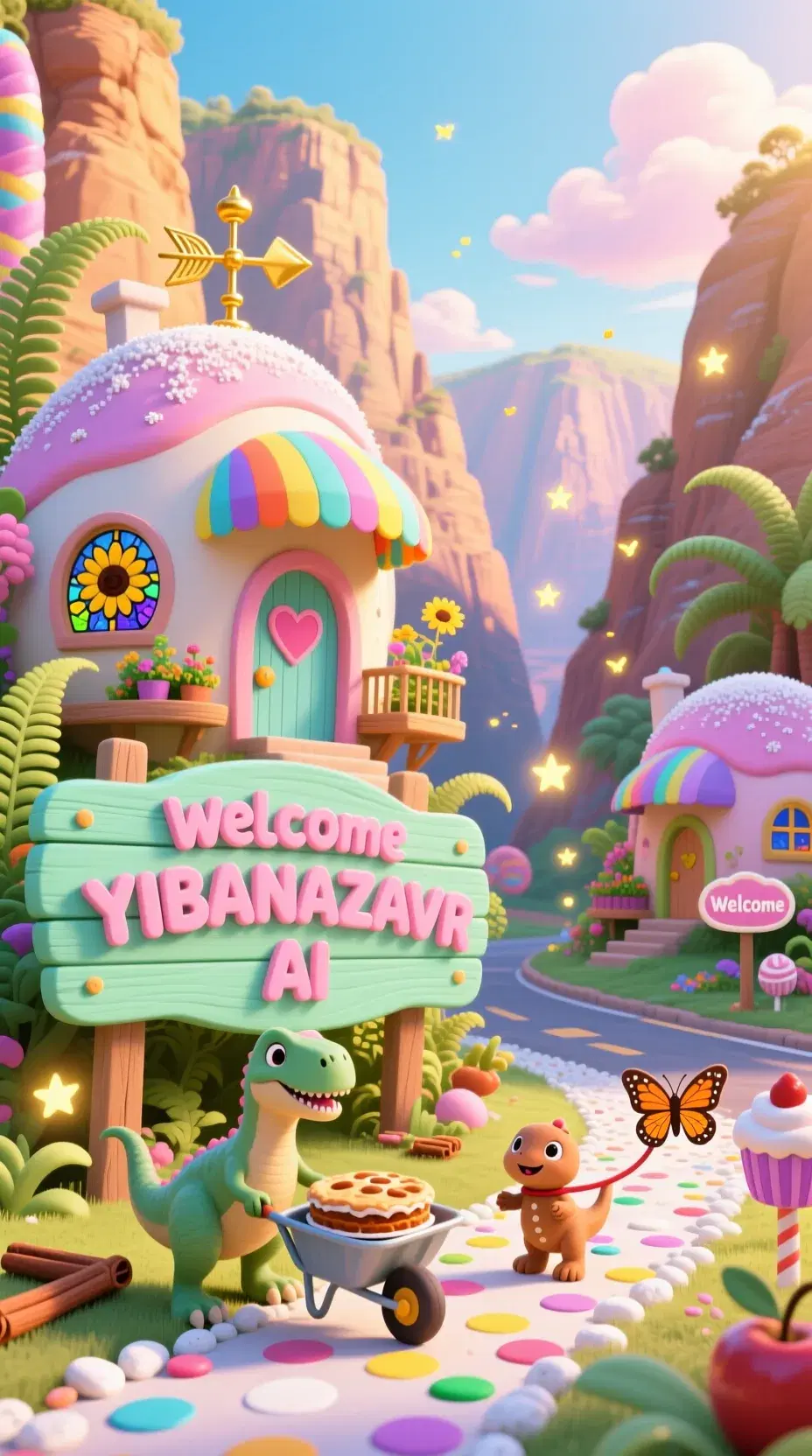 "YIBANAZAVR AI – The Pastel Prehistoric Paradise (Canyon Edition)"

A sun-drenched prehistoric canyon cradles a valley of gigantic, candy-colored prehistoric plants and ferns. Their smooth pastel shells are carved into cozy homes, sparkling under a cotton-candy sky. Each home features:

    Rainbow-striped awnings over heart-shaped doorways

    Stained glass windows depicting smiling sunflowers

    Tiny balconies with mini gardens

Foreground Focus: A giant welcome sign in mint-green wood, with "YIBANAZAVR AI" in bubbly pink letters, topped with a golden weathervane. Cheerful velociraptors (small bodies, tiny stick arms) push wheelbarrows of fresh-baked pies along a polka-dot pathway made of crushed white pebbles and rainbow sprinkles.

Atmosphere &amp; Lighting:

    Glowing fireflies (shaped like tiny stars) float between houses and along the canyon walls.

    Soft golden sunlight, filtered by the canyon walls, makes everything look lightly dusted with powdered sugar.

    A gentle breeze carries the scent of cinnamon and caramel apples.

Adorable Touches:

    A Velociraptor baby (with a licorice leash) chases a gingerbread butterfly on the right side of the road.

    Signs with cupcake-shaped posts ("Welcome").

Art Style: Studio Ghibli meets Lisa Frank—whimsical, sugary, and bursting with joy. Pastel colors dominate the scene (soft pinks, blues, greens, yellows, lavender). High detail, 4K UHD quality. Trending on ArtStation.
