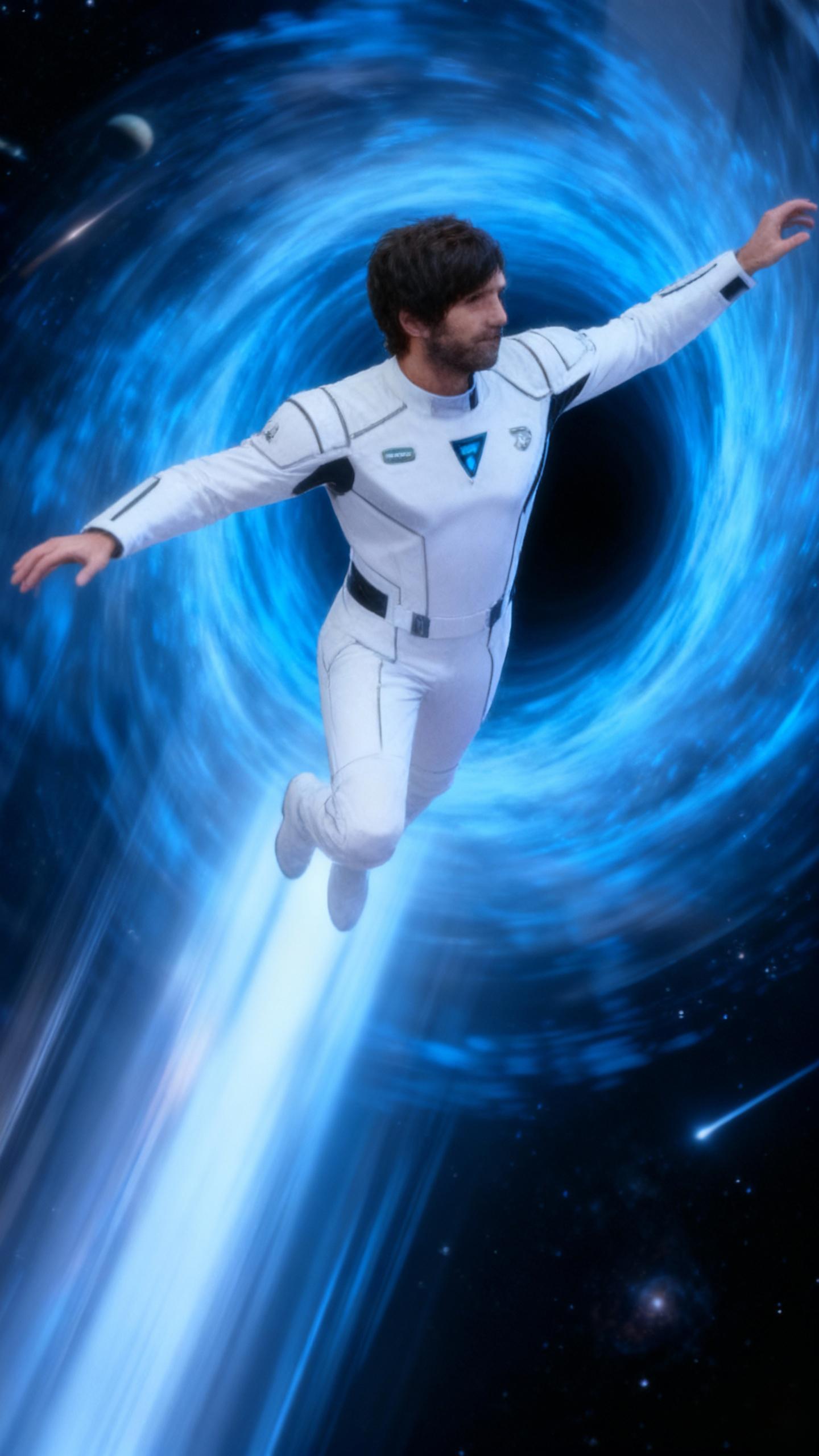 The man is captured in a dynamic pose, soaring through a wormhole with extreme vertical motion blur, embodying the essence of speed and the thrill of space exploration.