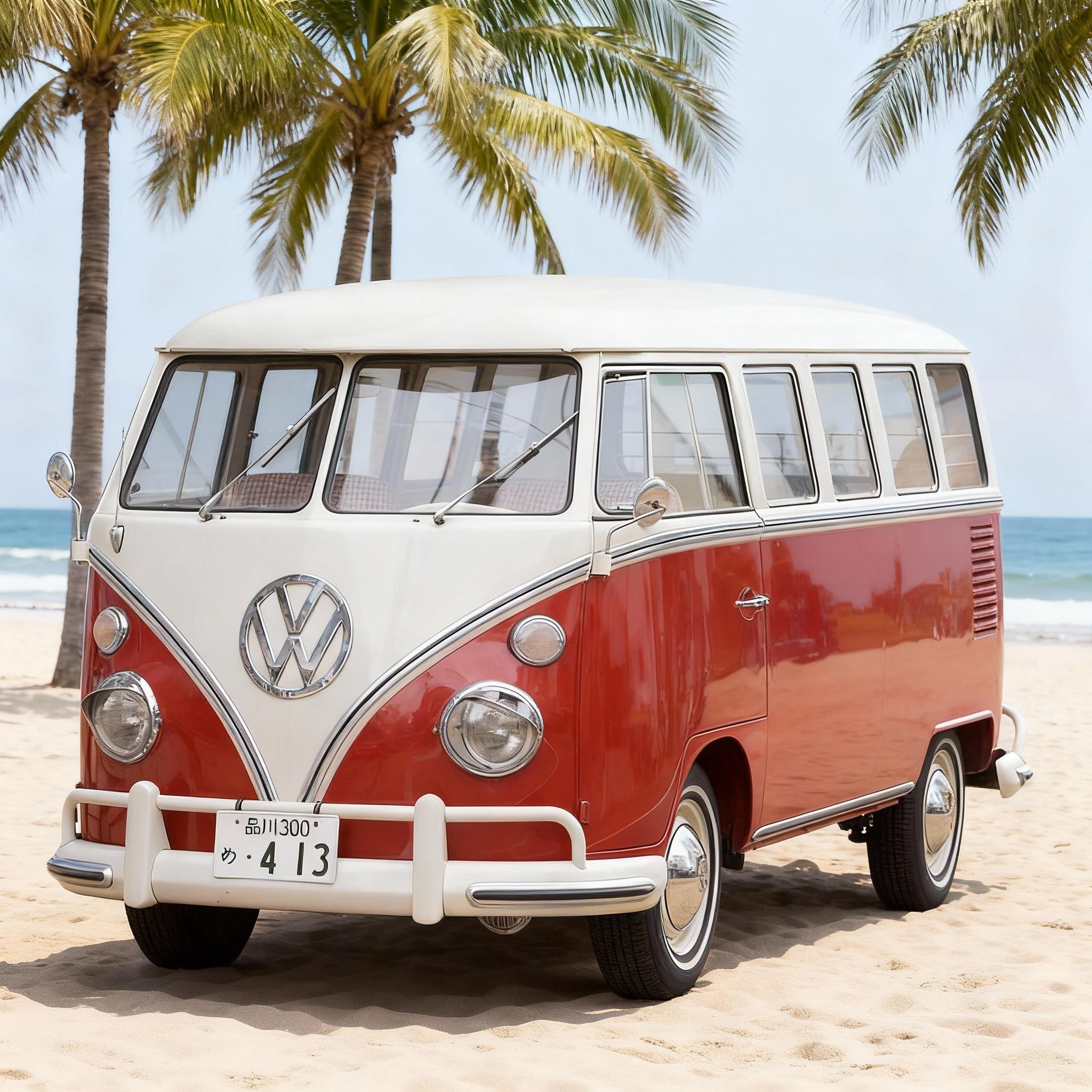 vintage red and white vw t1 parked at beach, palm trees