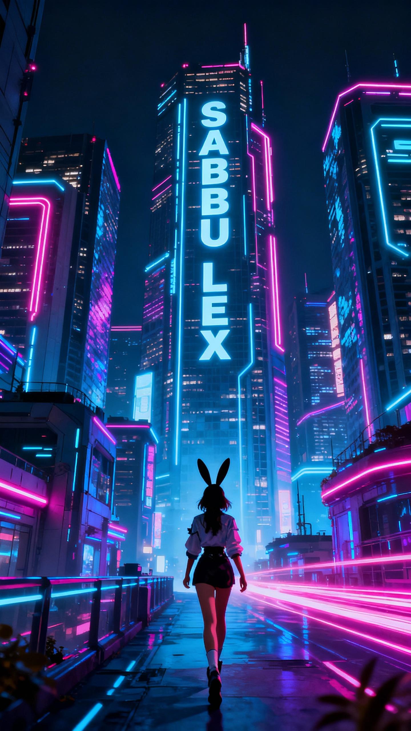 sabubu lex named woman with rabbit ears walking in futuristic city, sky scrapers at night, neon lights. neon text on sky scraper: SABUBU LEX