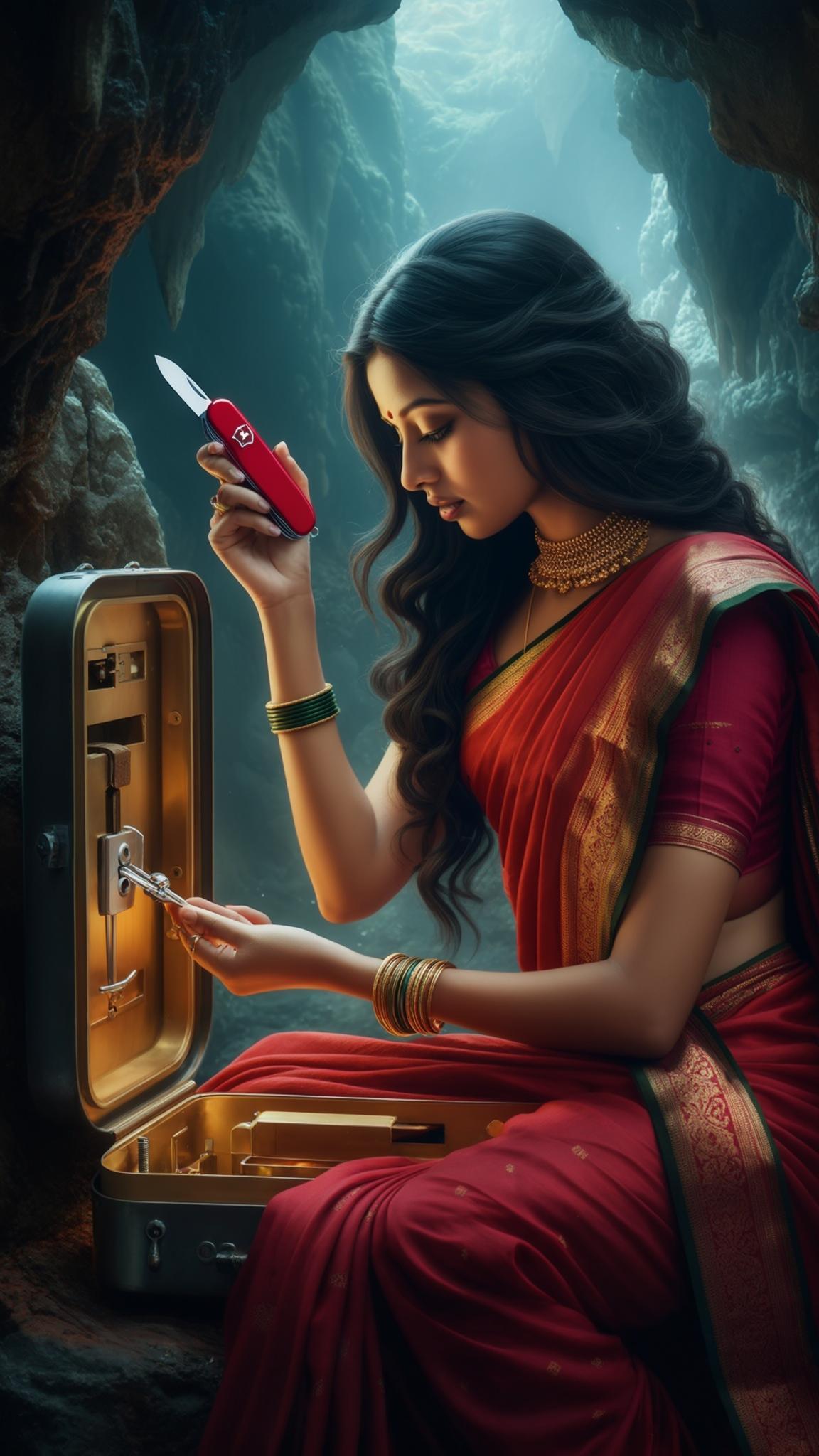 In the heart of a mystical cave, a young Indian woman gracefully draped in a vibrant red saree, her golden bracelet glinting under the ethereal light, opens it with a red Swiss Army knife, revealing a hidden compartment.