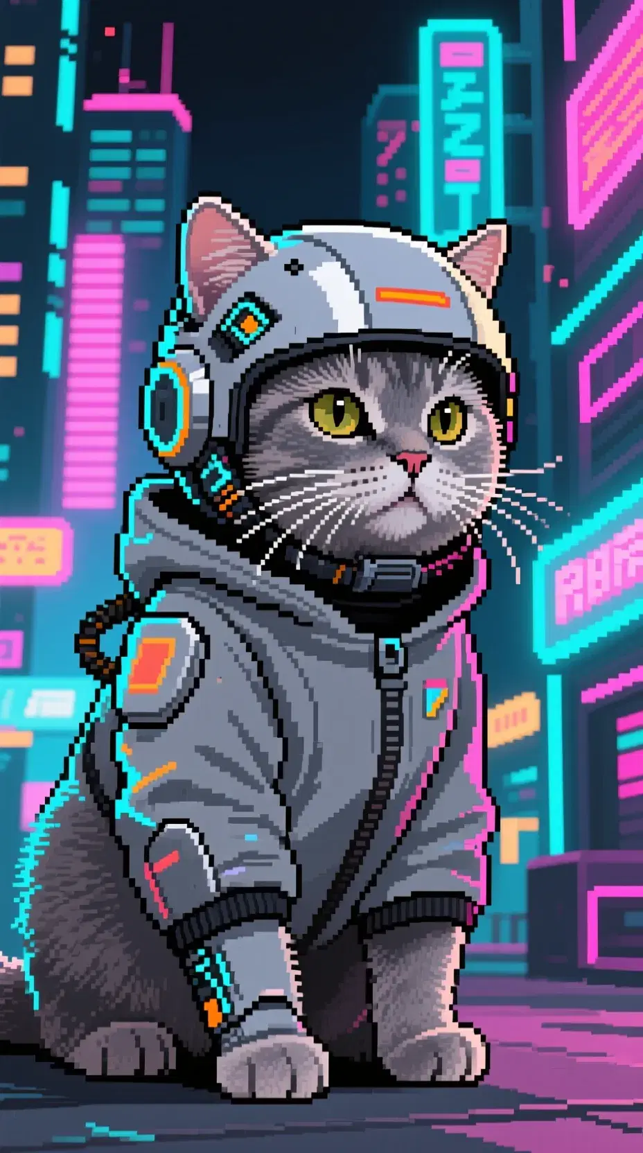 grey british short hair cat wearing grey cyborg costume and helmet in retro pixel city, neon lights