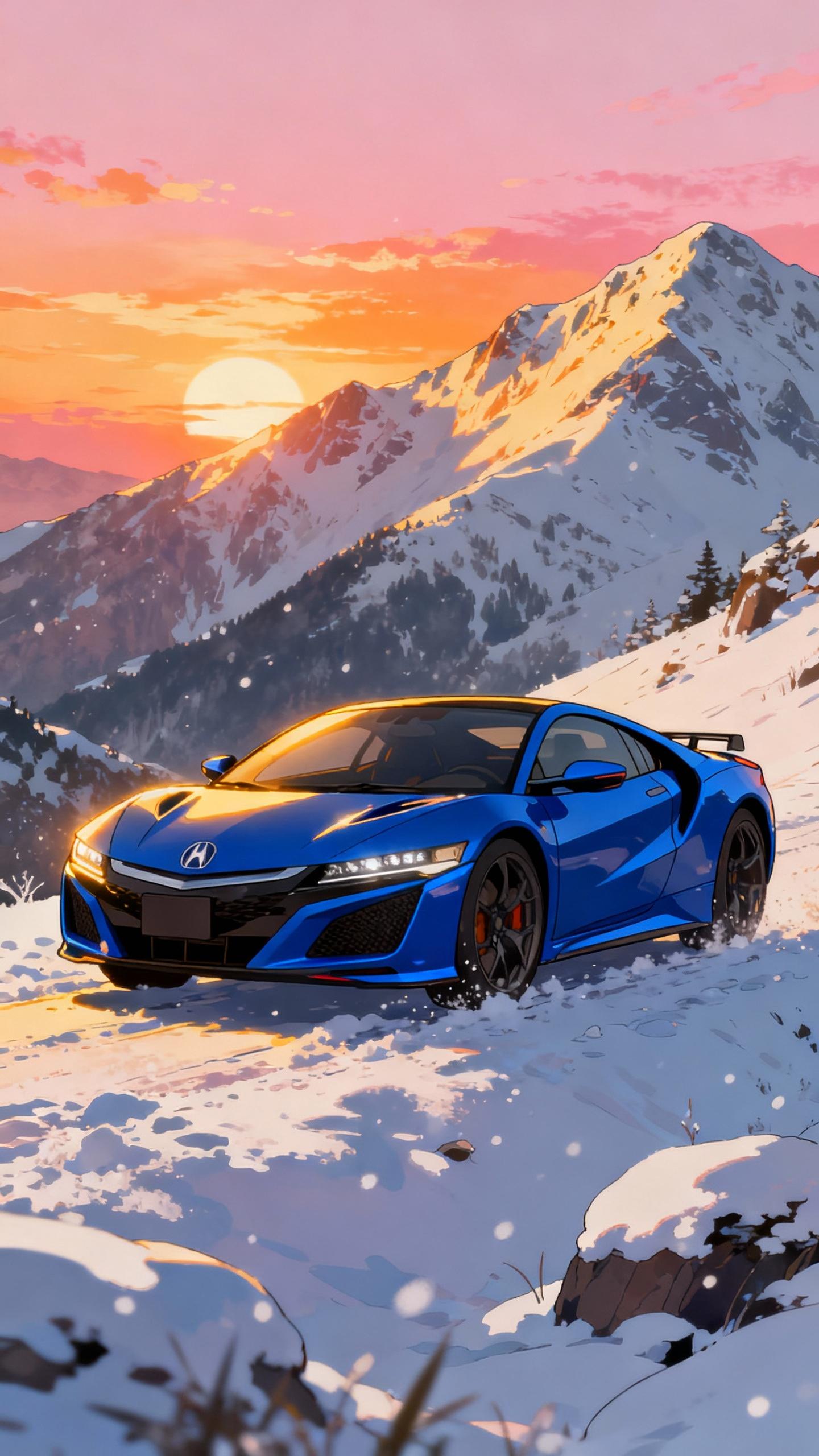 blue acura nsx on snowy mountain at sunset, japanese anime style