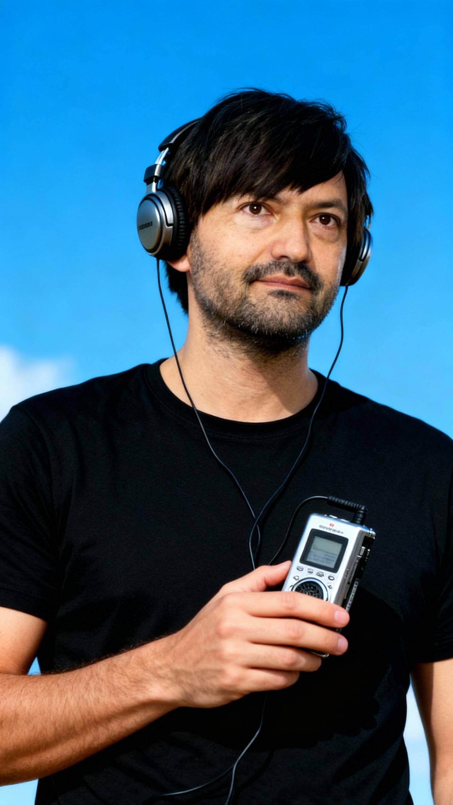 make the man listening to music with walkman in hand, in same position like the monkey, blue sky