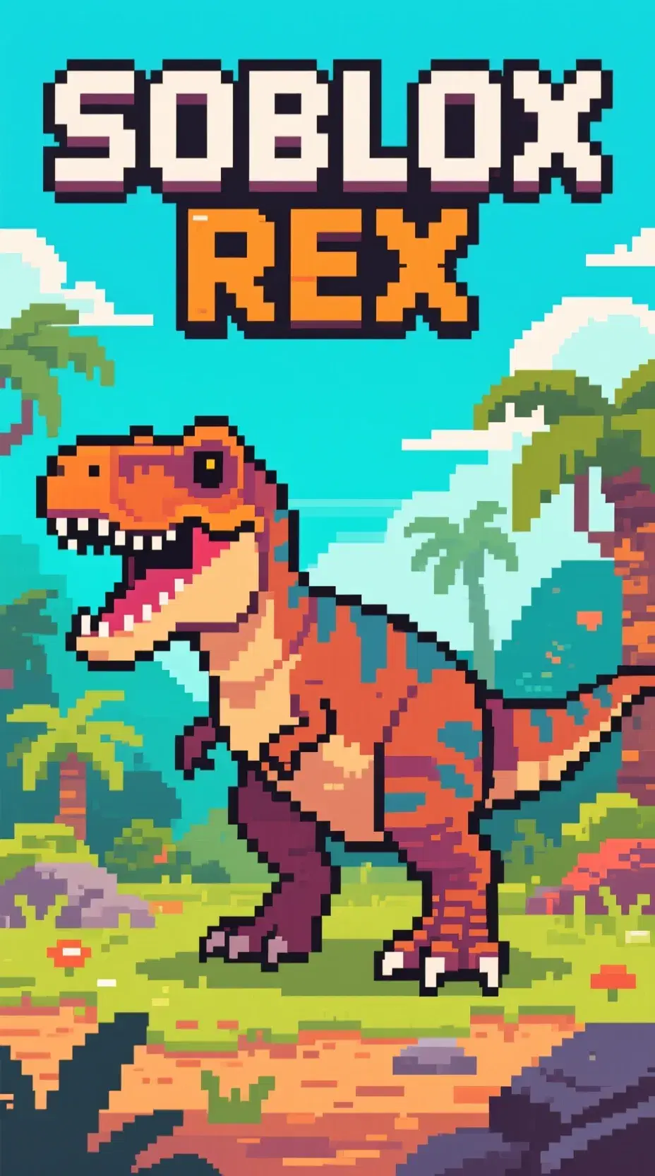 soblox rex saurus in prehistoric pixel world, text: SOBLOX REX