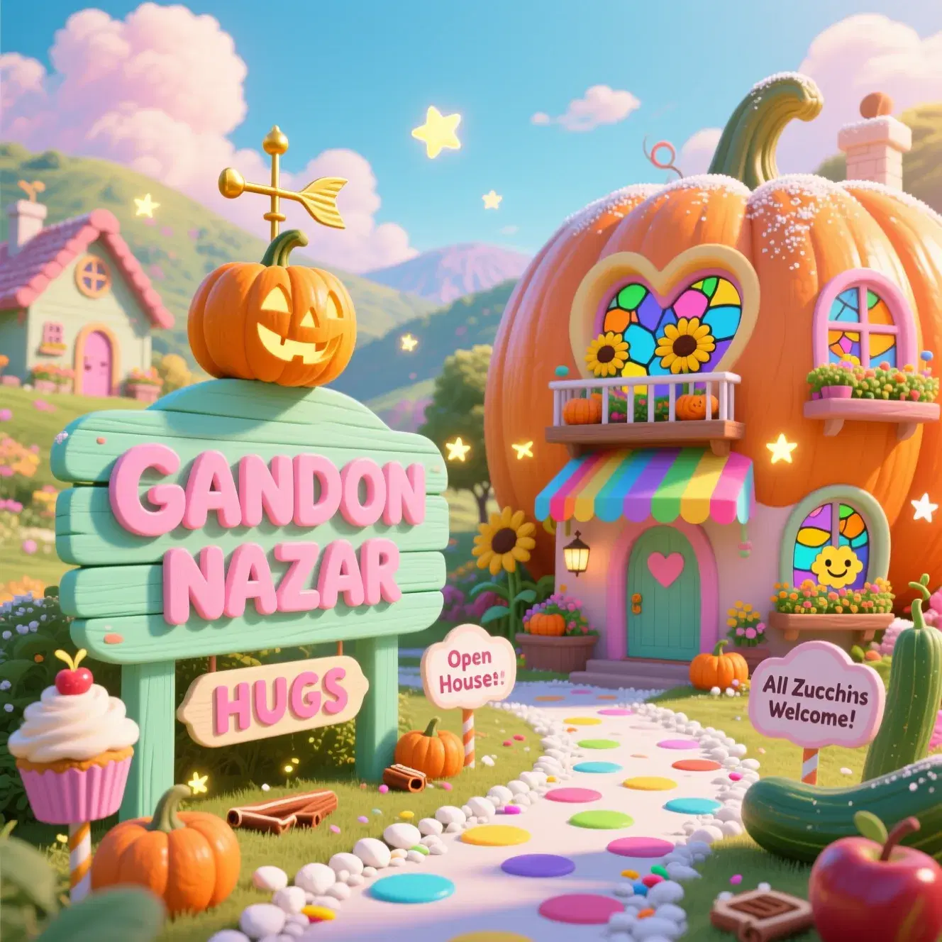 "GANDON NAZAR – The Pastel Pumpkin Paradise" A sun-drenched valley of gigantic, candy-colored pumpkins sparkles under a cotton-candy sky, their smooth pastel shells carved into cozy homes with: Rainbow-striped awnings over heart-shaped doorways Stained glass windows depicting smiling sunflowers Tiny balconies with mini pumpkin gardens Foreground Focus: A giant welcome sign in mint-green wood, with "GANDON NAZAR" in bubbly pink letters, topped with a golden pumpkin weathervane. A polka-dot pathway made of crushed white pebbles and rainbow sprinkles Atmosphere. Lighting: Glowing fireflies (shaped like tiny stars) float between houses Soft golden sunlight makes everything look lightly dusted with powdered sugar A gentle breeze carries the scent of cinnamon and caramel apples Adorable Touches.  "Open House" signs with cupcake-shaped posts ("All Zucchinis Welcome!") The shadow of the sign spells "HUGS" at noon Art Style: Studio Ghibli meets Lisa Frank—whimsical, sugary, and bursting with joy