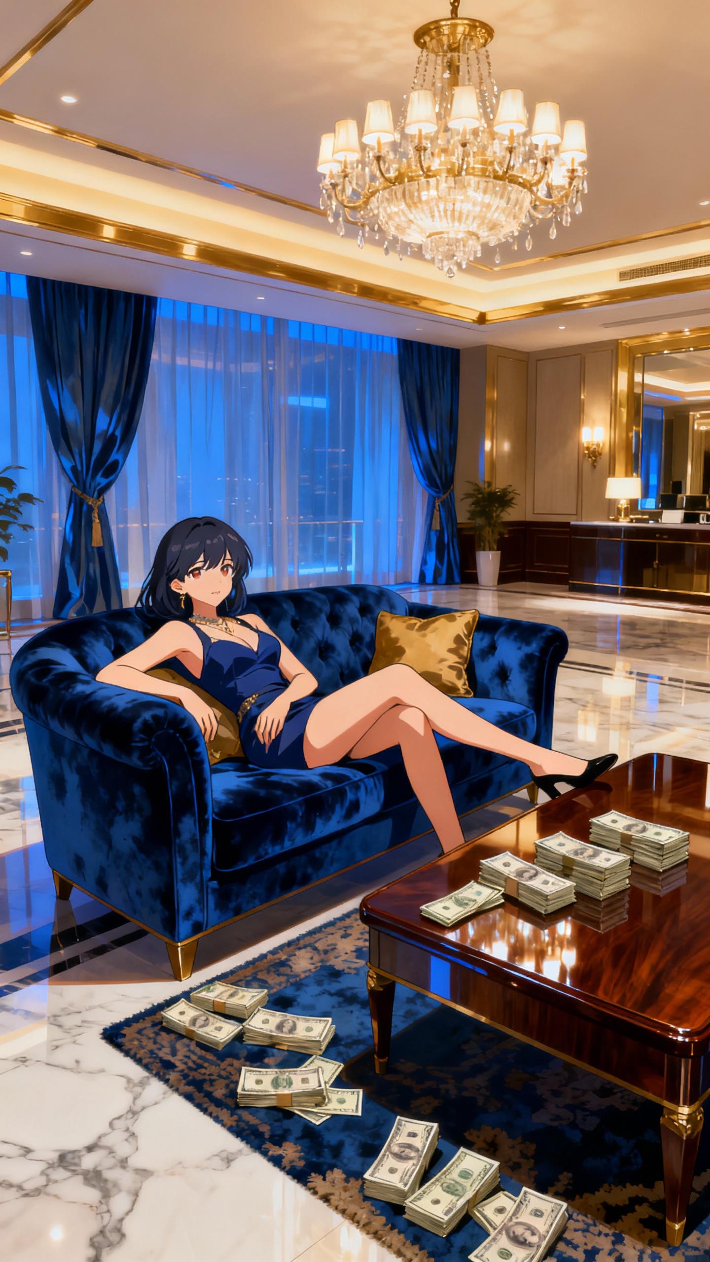 An elegant anime girl reclining comfortably on a plush velvet sofa in a spacious luxury hotel room adorned with sleek, modern blue and gold interior furnishings. Warm, ambient lighting from ornate chandeliers casts a soft glow, highlighting the rich textures of silk curtains and polished marble floors. Scattered throughout the room are numerous bundles of crisp money stacks, piled high on a glossy mahogany coffee table and the surrounding plush carpet, evoking an opulent and indulgent atmosphere. The scene is rendered in vibrant anime style with detailed character expressions and dynamic shading, capturing a mood of relaxed extravagance and wealth.