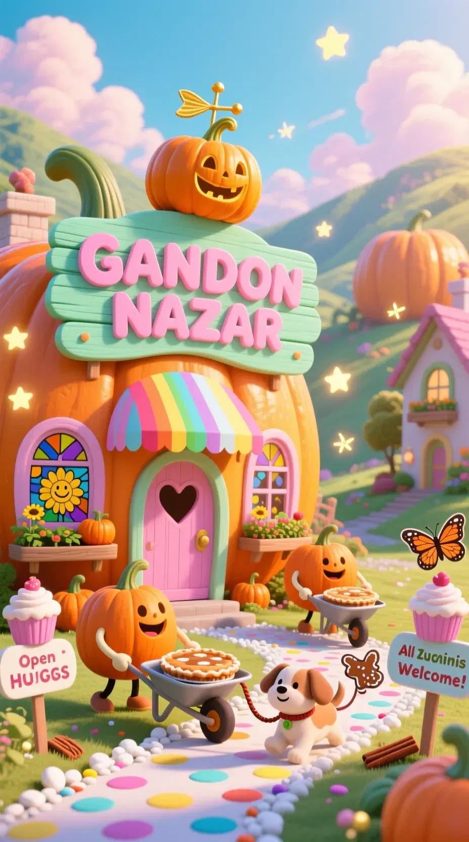 "GANDON NAZAR – The Pastel Pumpkin Paradise" A sun-drenched valley of gigantic, candy-colored pumpkins sparkles under a cotton-candy sky, their smooth pastel shells carved into cozy homes with: Rainbow-striped awnings over heart-shaped doorways Stained glass windows depicting smiling sunflowers Tiny balconies with mini pumpkin gardens Foreground Focus: A giant welcome sign in mint-green wood, with "GANDON NAZAR" in bubbly pink letters, topped with a golden pumpkin weathervane Cheerful pumpkin-people (plump bodies, tiny stick arms) pushing wheelbarrows of fresh-baked pies A polka-dot pathway made of crushed white pebbles and rainbow sprinkles Atmosphere &amp; Lighting: Glowing fireflies (shaped like tiny stars) float between houses Soft golden sunlight makes everything look lightly dusted with powdered sugar A gentle breeze carries the scent of cinnamon and caramel apples Adorable Touches: A pumpkin puppy (with a licorice leash) chasing a gingerbread butterfly "Open House" signs with cupcake-shaped posts ("All Zucchinis Welcome!") The shadow of the sign spells "HUGS" at noon Art Style: Studio Ghibli meets Lisa Frank—whimsical, sugary, and bursting with joy