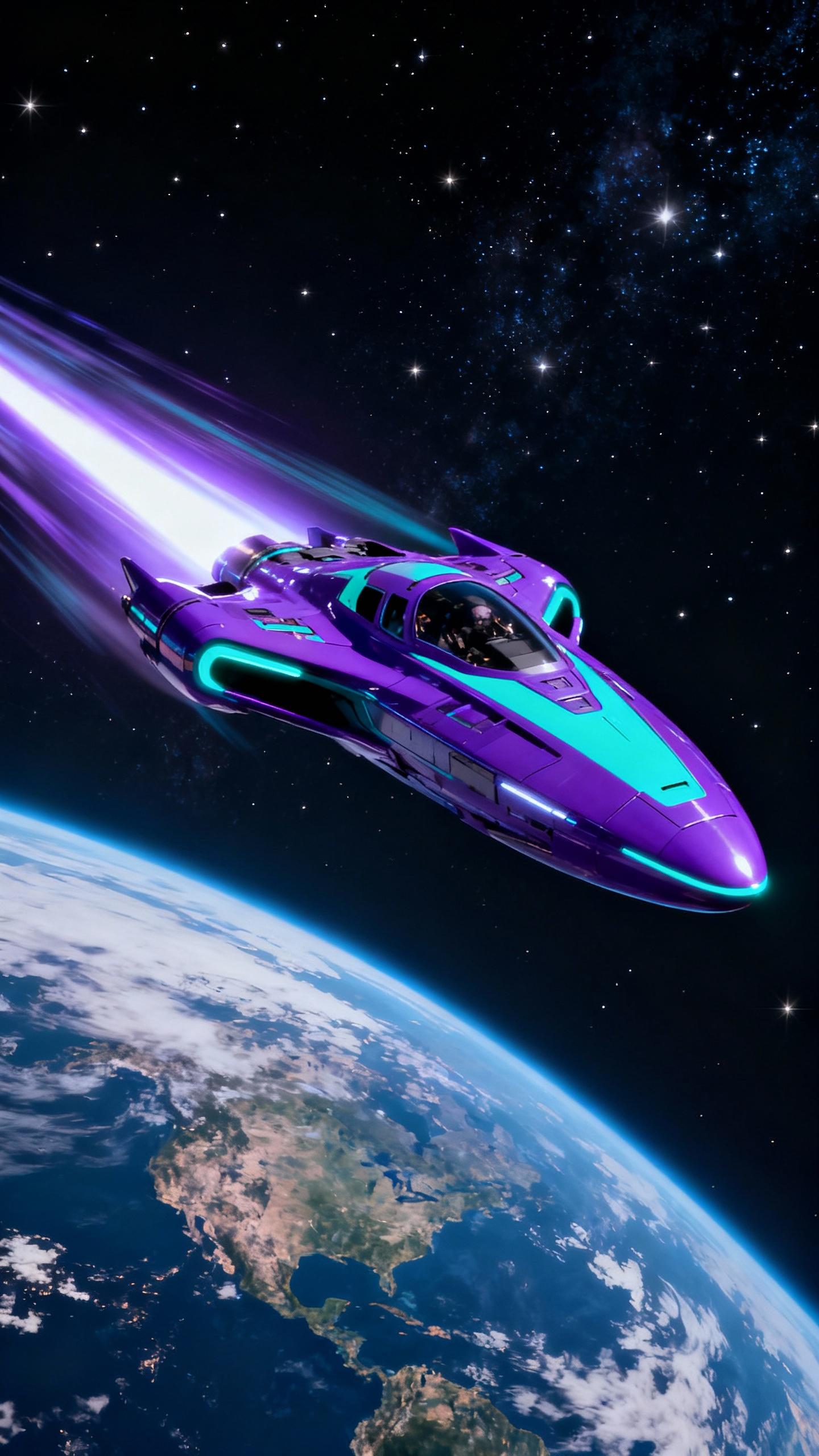a very fast purple and turquoise futuristic space ship, glossy and aerodynamic exterior, flying at light speed from space to planet earth