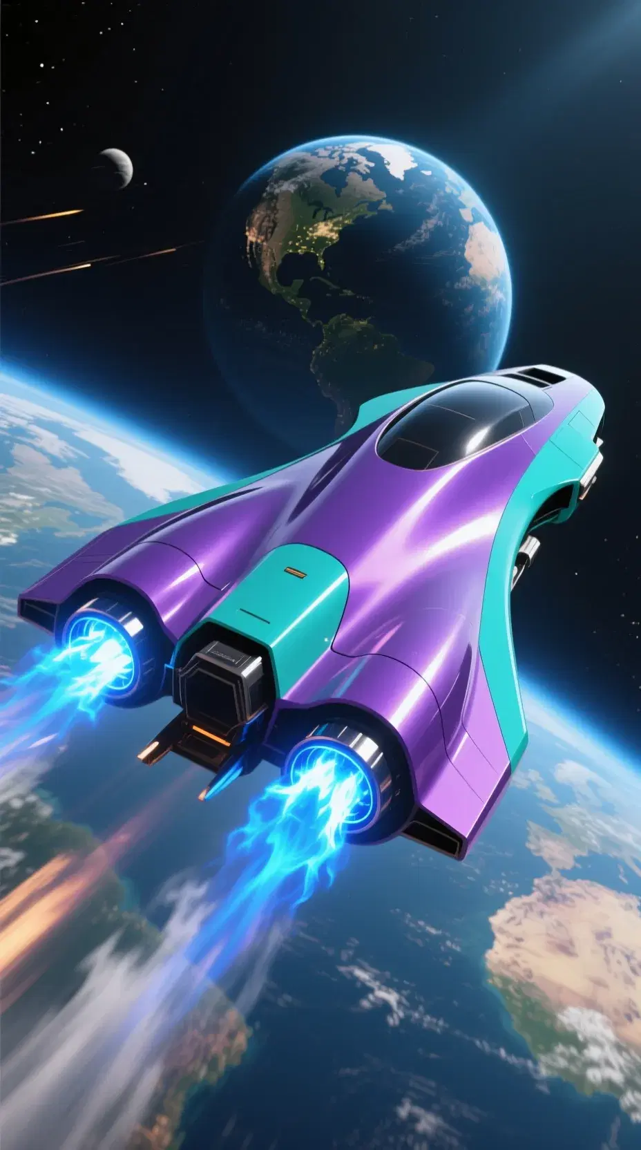 A sleek, purple and turquoise, aerodynamic spacecraft, gliding at light speed, its surface shimmering with a glossy finish, the camera capturing the vibrant blue afterburner flames, as it soars towards the planet Earth.