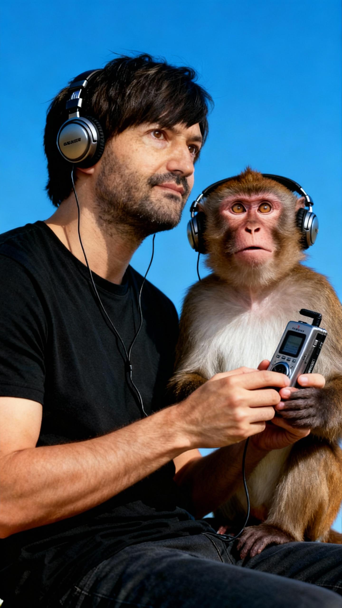man and monkey side by side, both listening to music, same expression