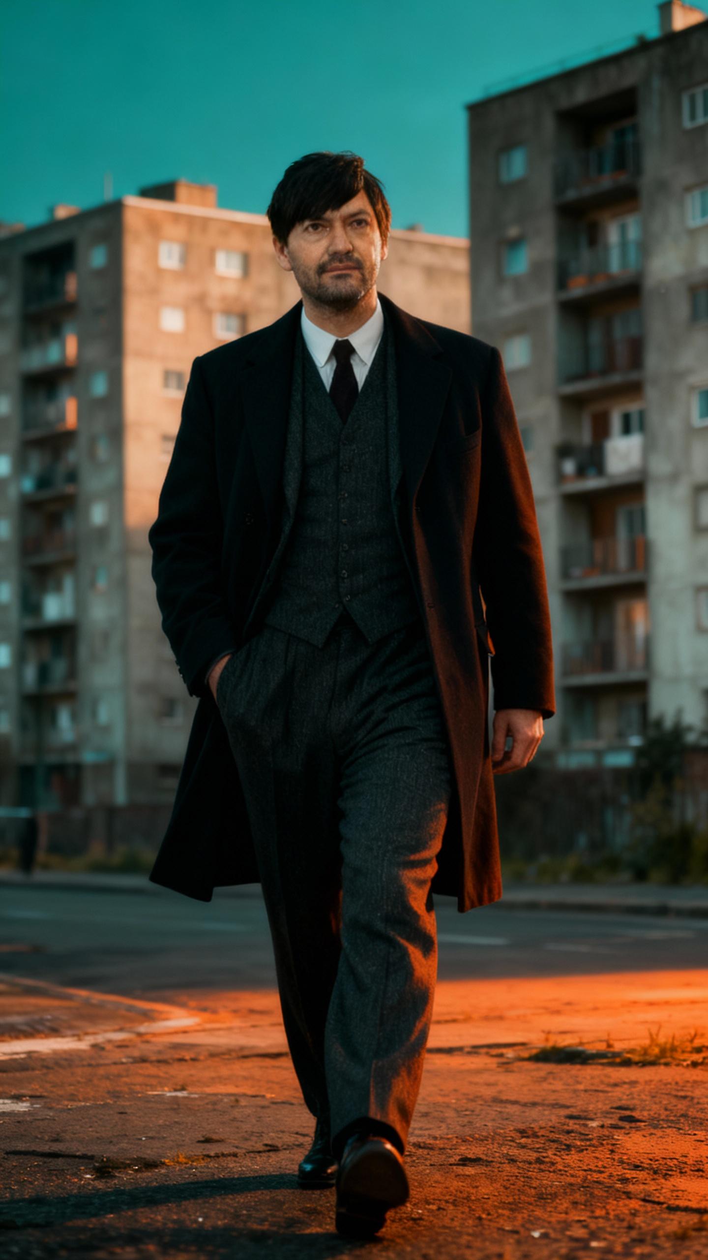 the man is wearing like thomas shelby, walking in city with concrete apartments, cinematic dark teal and orange color grading
