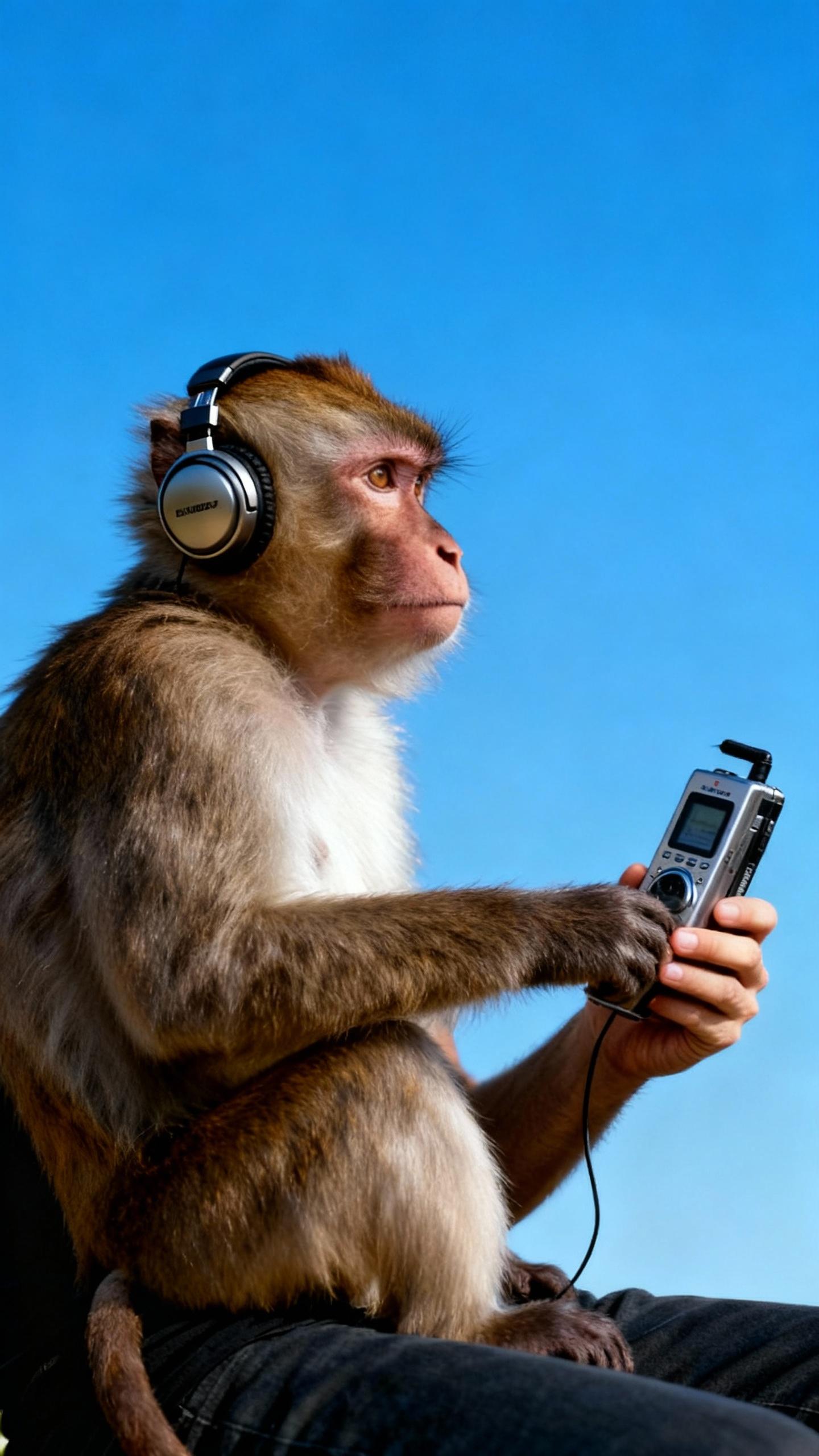 A realistic photograph captures a man and a monkey engaged in a serene moment, with the man wearing headphones and holding a cassette player, while the monkey appears to be in a contemplative mood against a clear blue sky.