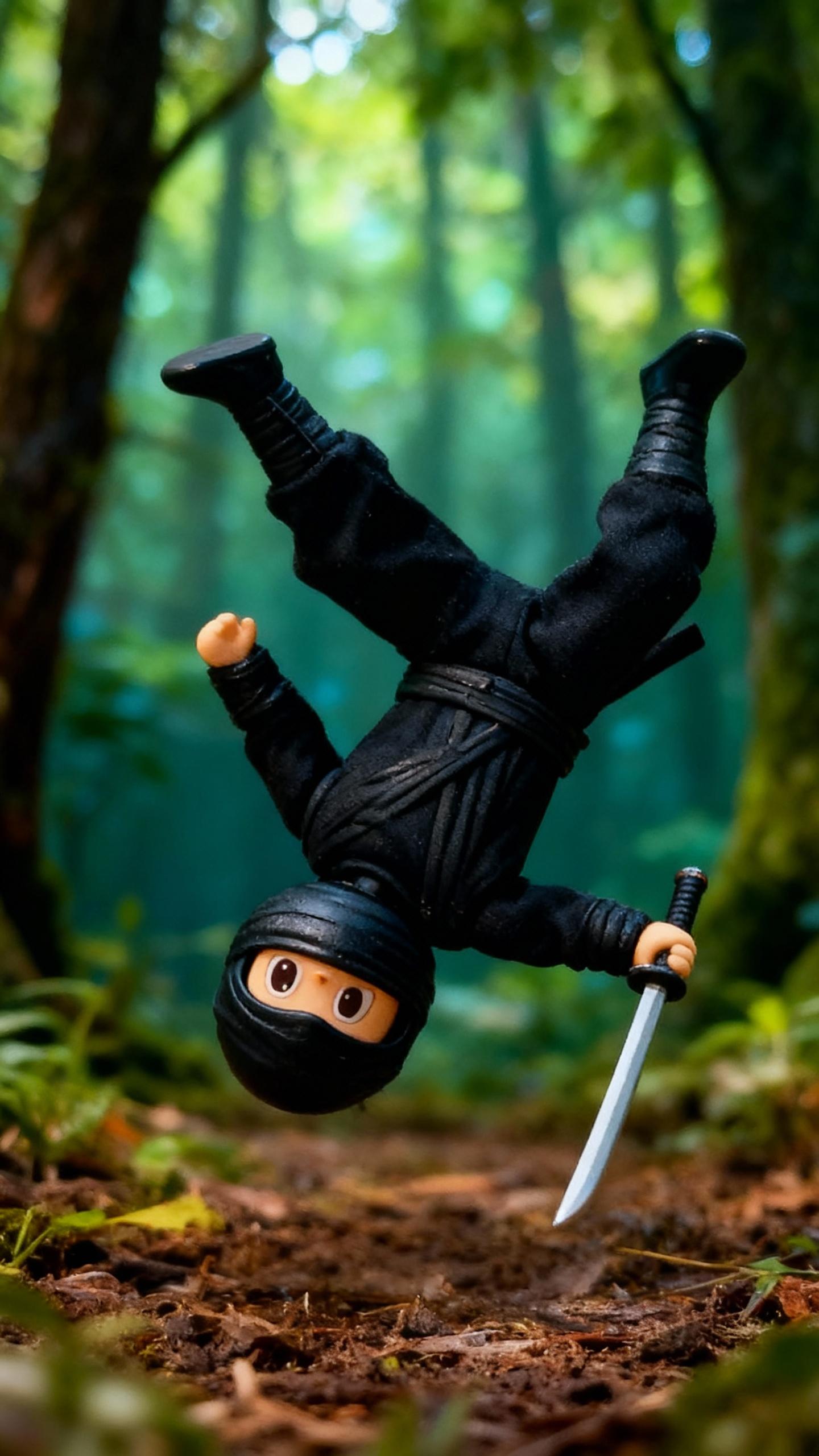 black toy ninja doing backflip in forest with sword in hand