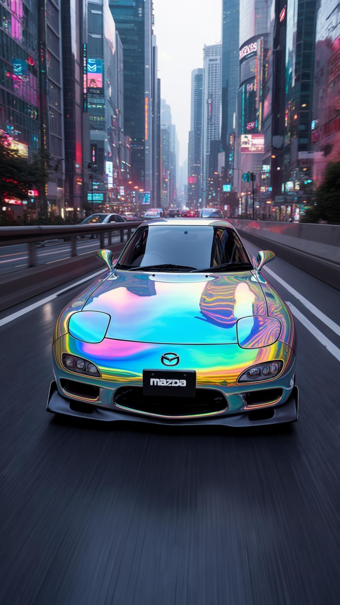 high reflective rainbow hologram iridescent chrome Mazda Rx-7 driving fast on highway in futuristic city