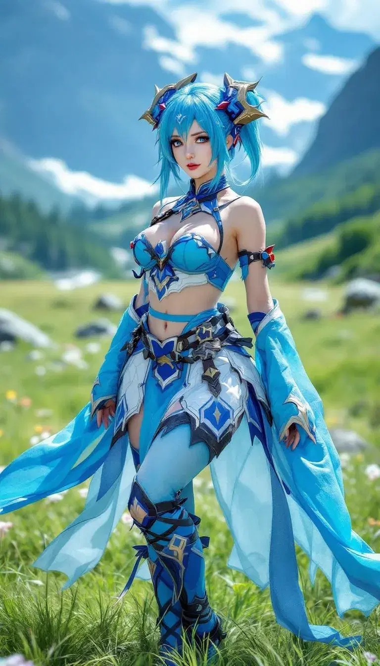 anime style, woman wearing blue genshin impact cosplay, outdoors, standing on green grass with mountains in the background, vibrant colors. Full body view.