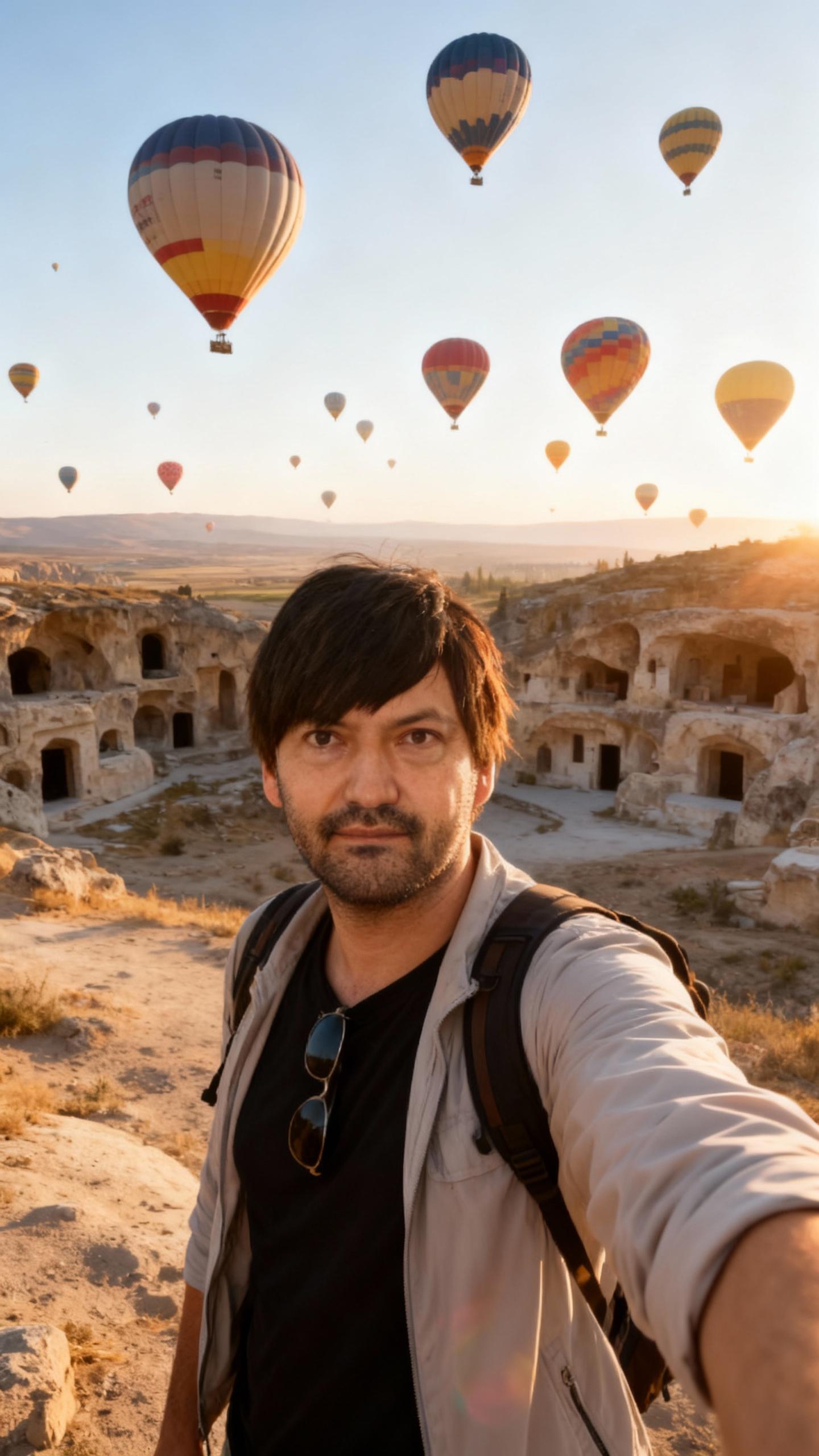 A hyper-realistic wide-angle selfie taken with a smartphone front camera, relaxed tourist pose, natural arm-length perspective.
A man dressed in casual modern travel clothing: light jacket, t-shirt, sunglasses pushed slightly down, backpack straps visible.

He is standing in Cappadocia, Turkey, in front of ancient cave dwellings carved into soft rock formations. Dozens of colorful hot air balloons float in the early morning sky behind him.

Soft sunrise lighting bathes the dry landscape in warm golden tones. Dusty ground, weathered stone textures, distant valleys visible.

Smartphone realism: clean image, mild lens flare, natural skin tones, tourist snapshot feel.

Ultra-photorealistic travel photography, peaceful and authentic.