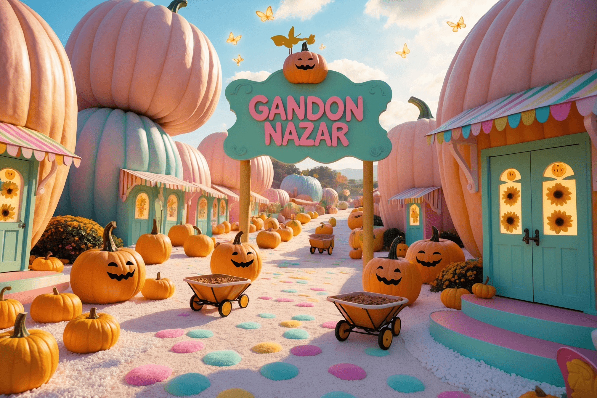"GANDON NAZAR – The Pastel Pumpkin Paradise" A sun-drenched valley of gigantic, candy-colored pumpkins sparkles under a cotton-candy sky, their smooth pastel shells carved into cozy homes with: Rainbow-striped awnings over heart-shaped doorways Stained glass windows depicting smiling sunflowers Tiny balconies with mini pumpkin gardens Foreground Focus: A giant welcome sign in mint-green wood, with "GANDON NAZAR" in bubbly pink letters, topped with a golden pumpkin weathervane Cheerful pumpkin-people (plump bodies, tiny stick arms) pushing wheelbarrows of fresh-baked pies A polka-dot pathway made of crushed white pebbles and rainbow sprinkles Atmosphere & Lighting: Glowing fireflies (shaped like tiny stars) float between houses Soft golden sunlight makes everything look lightly dusted with powdered sugar A gentle breeze carries the scent of cinnamon and caramel apples Adorable Touches: A pumpkin puppy (with a licorice leash) chasing a gingerbread butterfly "Open House" signs with cupcake-shaped posts ("All Zucchinis Welcome!") The shadow of the sign spells "HUGS" at noon Art Style: Studio Ghibli meets Lisa Frank—whimsical, sugary, and bursting with joy